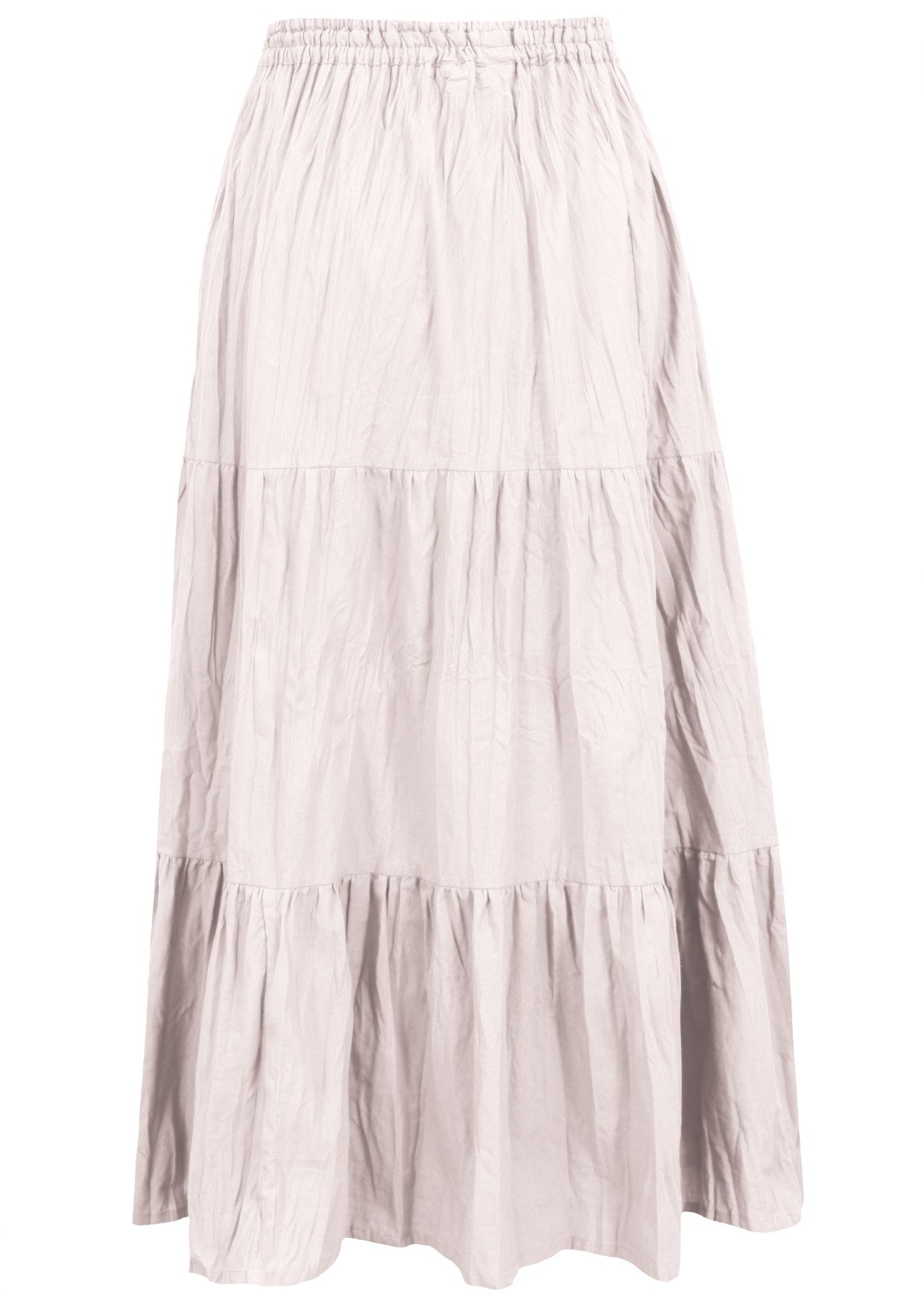 Back view of white 100% cotton skirt with elasticated waistband and drawstring