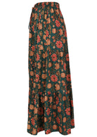 100% cotton lightweight maxi skirt with elasticated waist in bright floral print on deep green base.