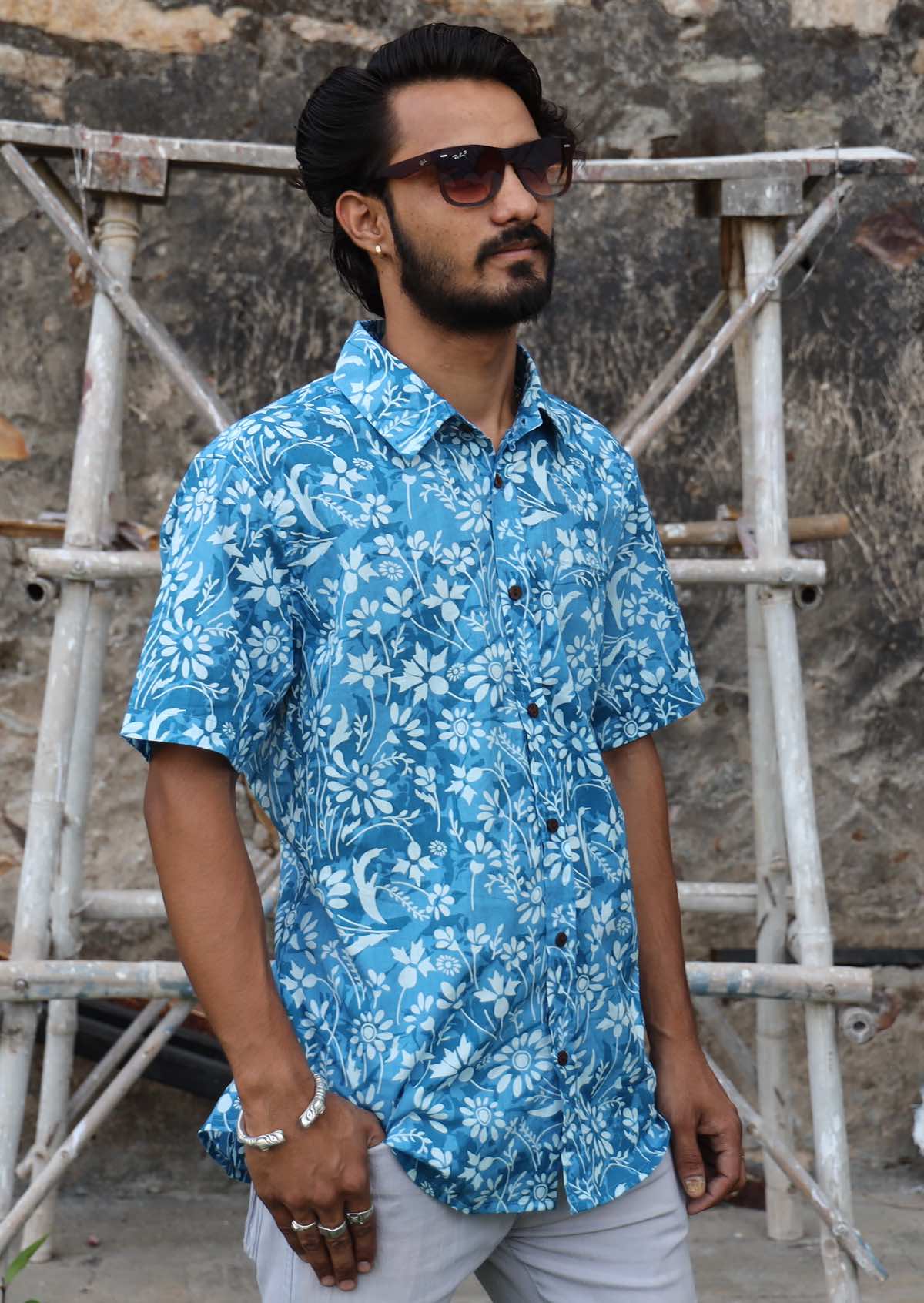 100% cotton blue floral print mens shirt with relaxed fit and short sleeves.