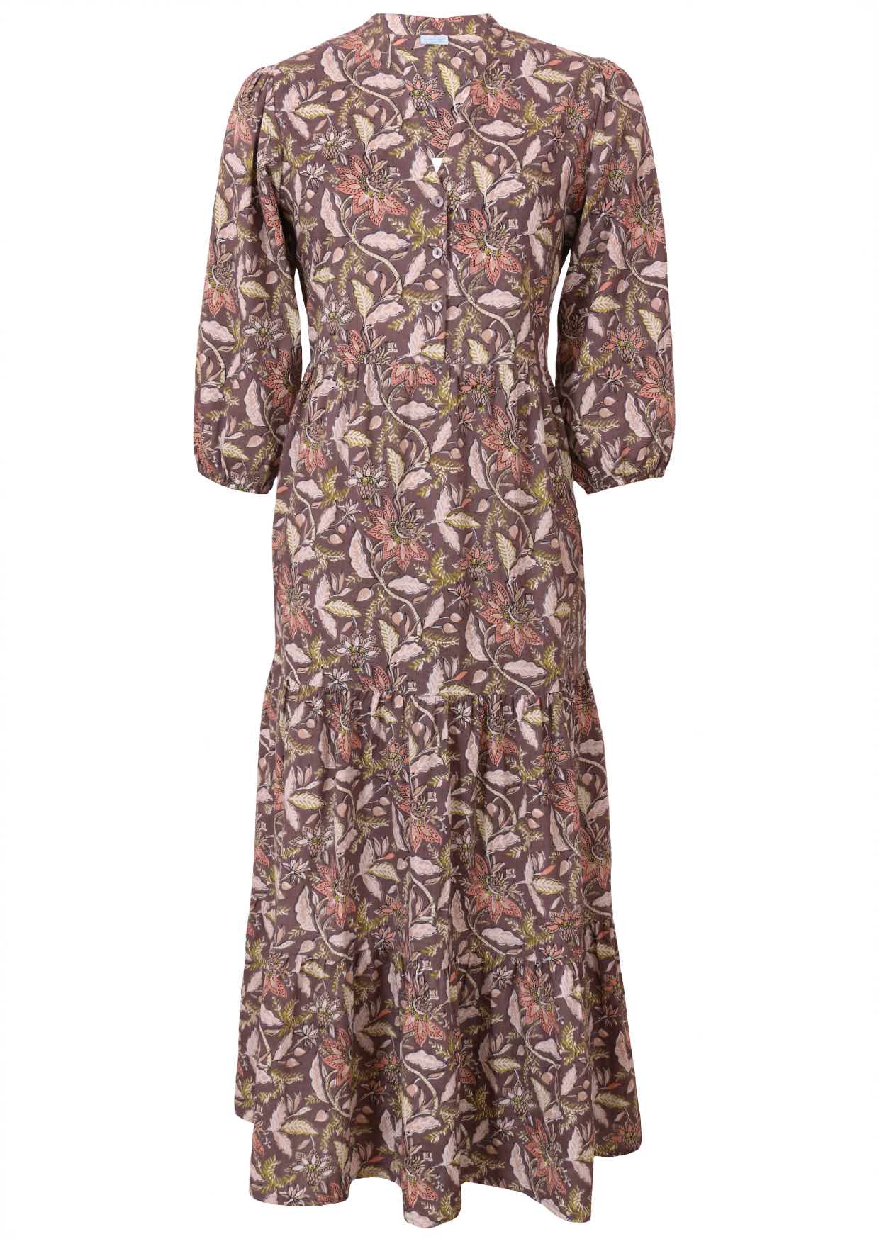 100 percent cotton taupe based floral three tiered flowy maxi dress with buttoned bodice, 3/4 sleeves and mandarin collar