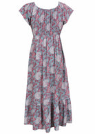 Blue based pink and white floral print rayon dress with adjustable drawstring.