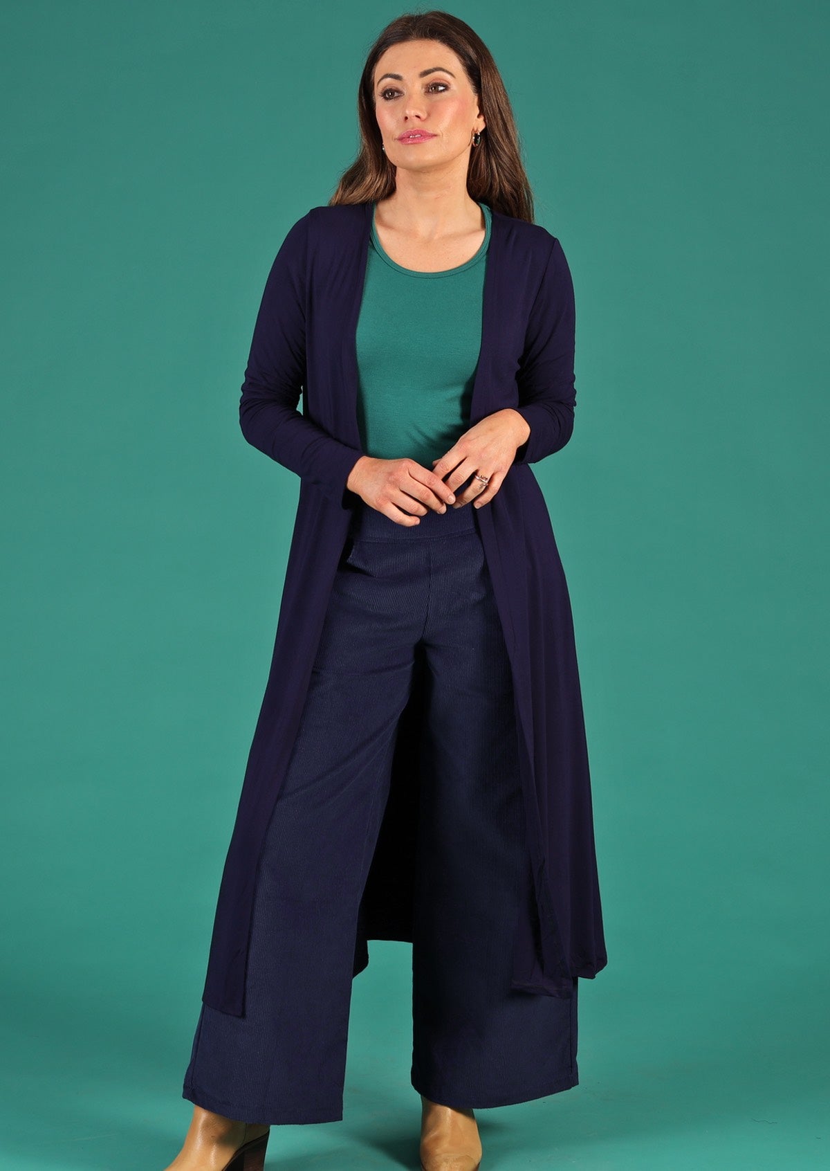 Duster cardigan open front long sleeve long length soft stretch jersey navy blue | Karma East Australia