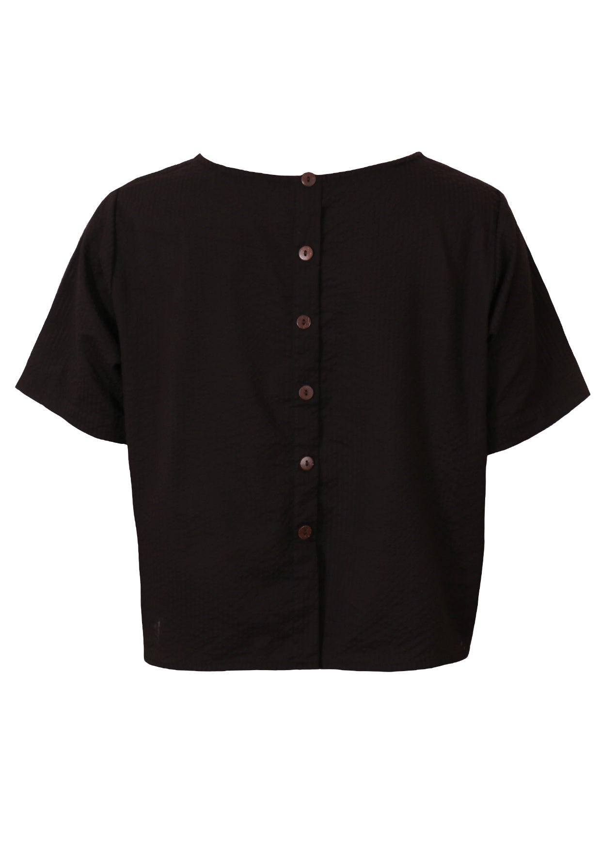 Black non-stretch cotton seersucker top with decorative buttons down the back