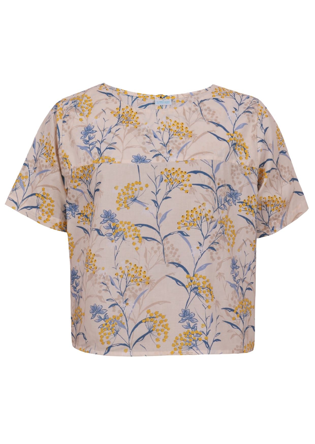 100% cotton top in neutral based floral print with round neckline