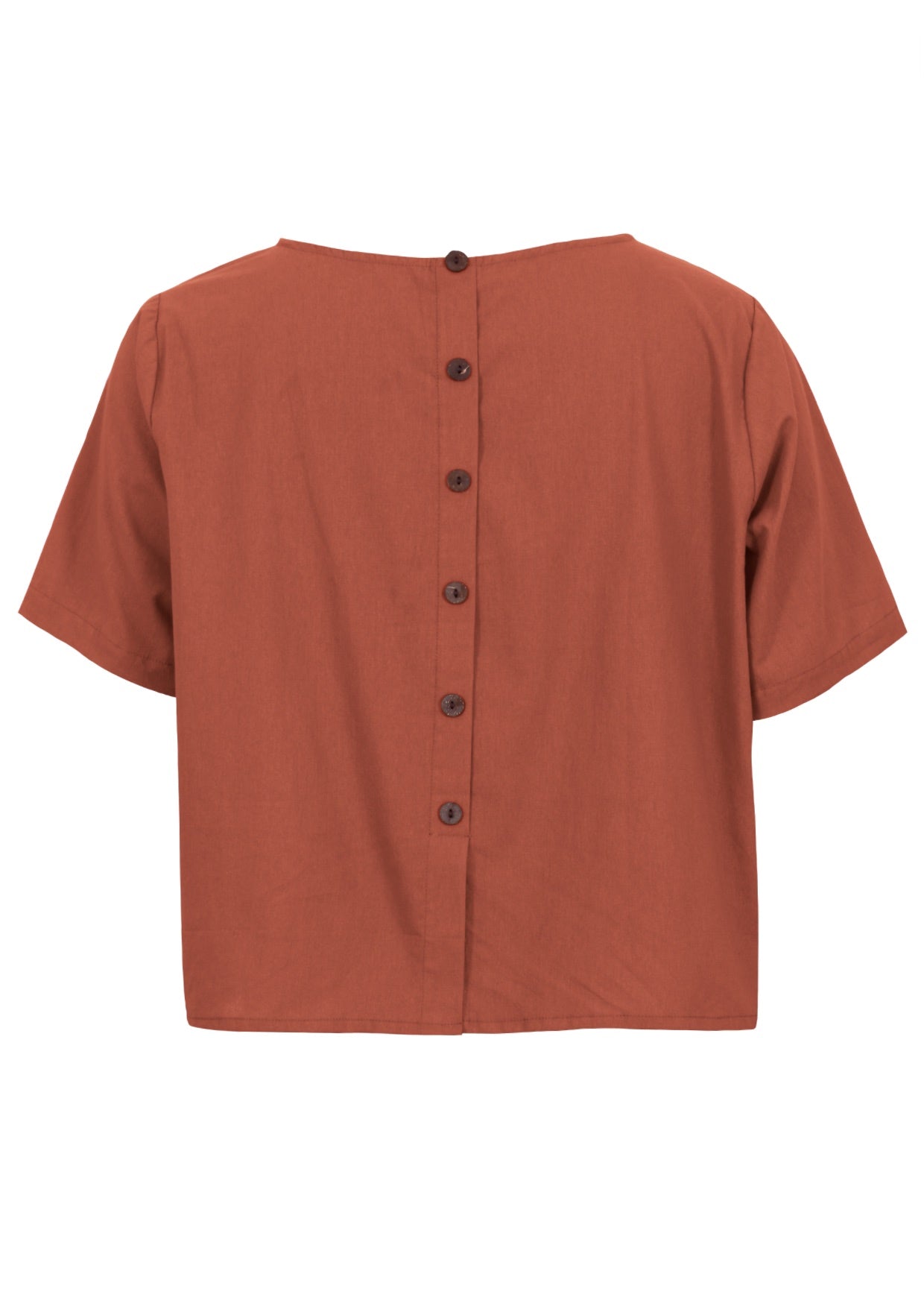 100% cotton rust shade short sleeve top with round neckline and non functional buttons down the back