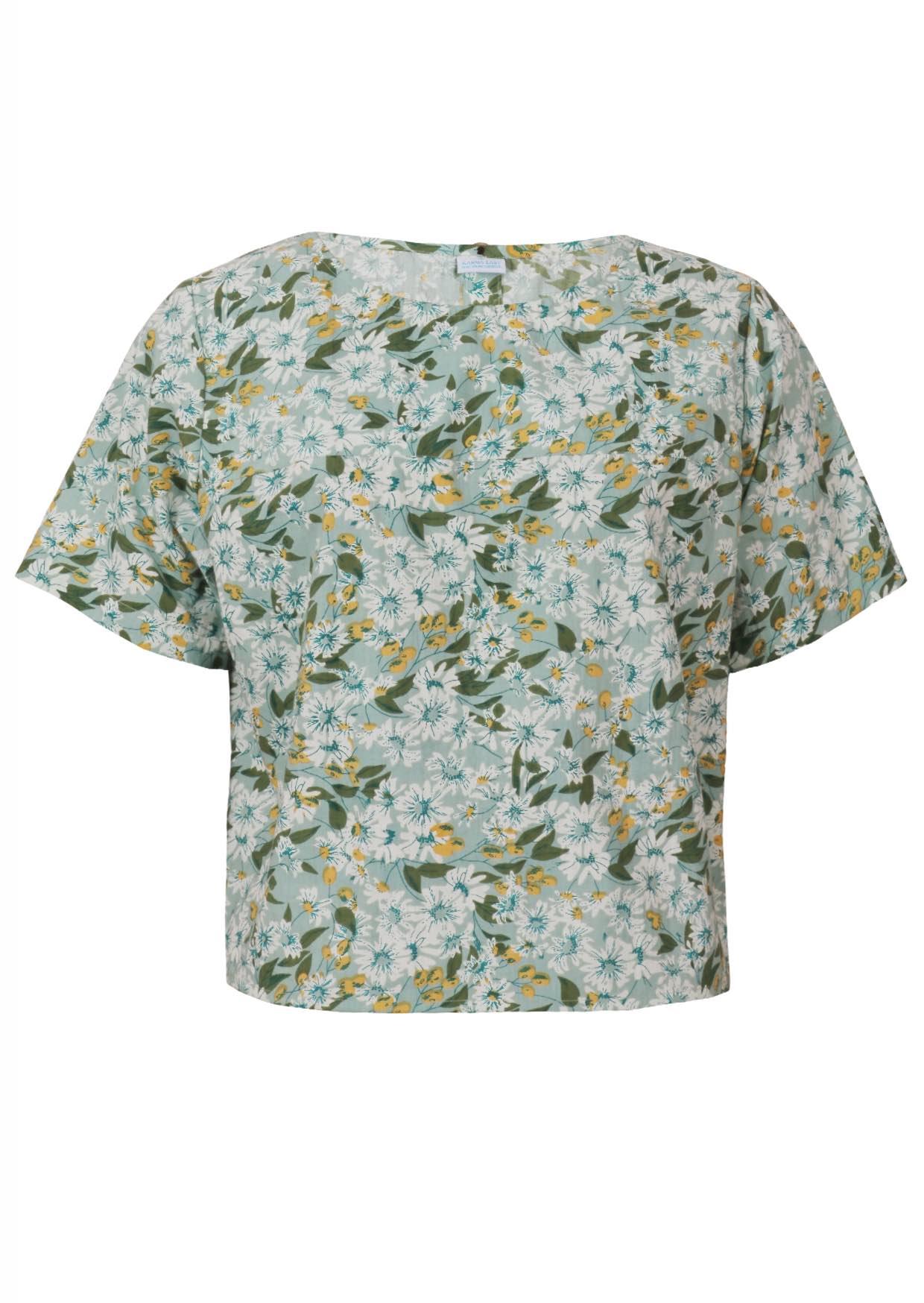 Pale sage green based daisy floral print cotton relaxed fit short sleeved top with round neckline