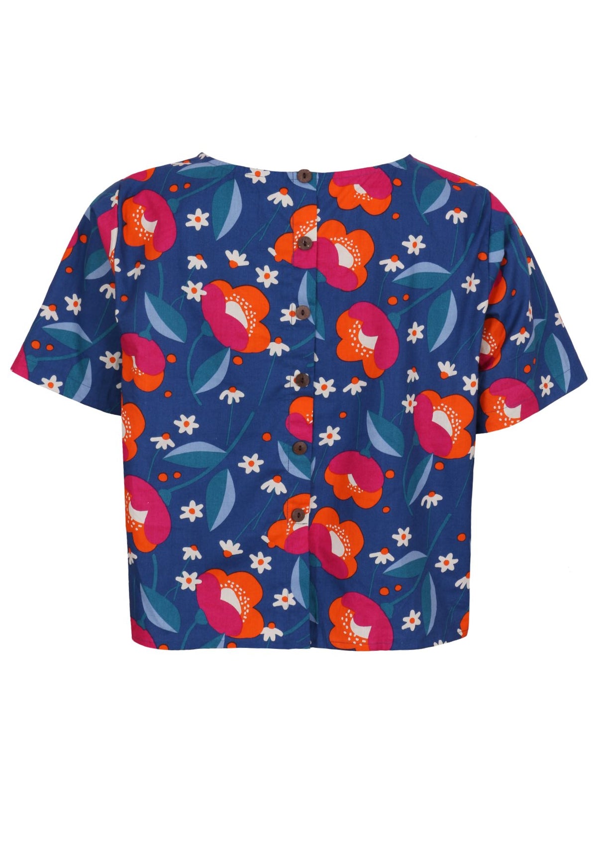 Back view of royal blue based floral print cotton relaxed fit short sleeved top with decorative buttons through the centre back