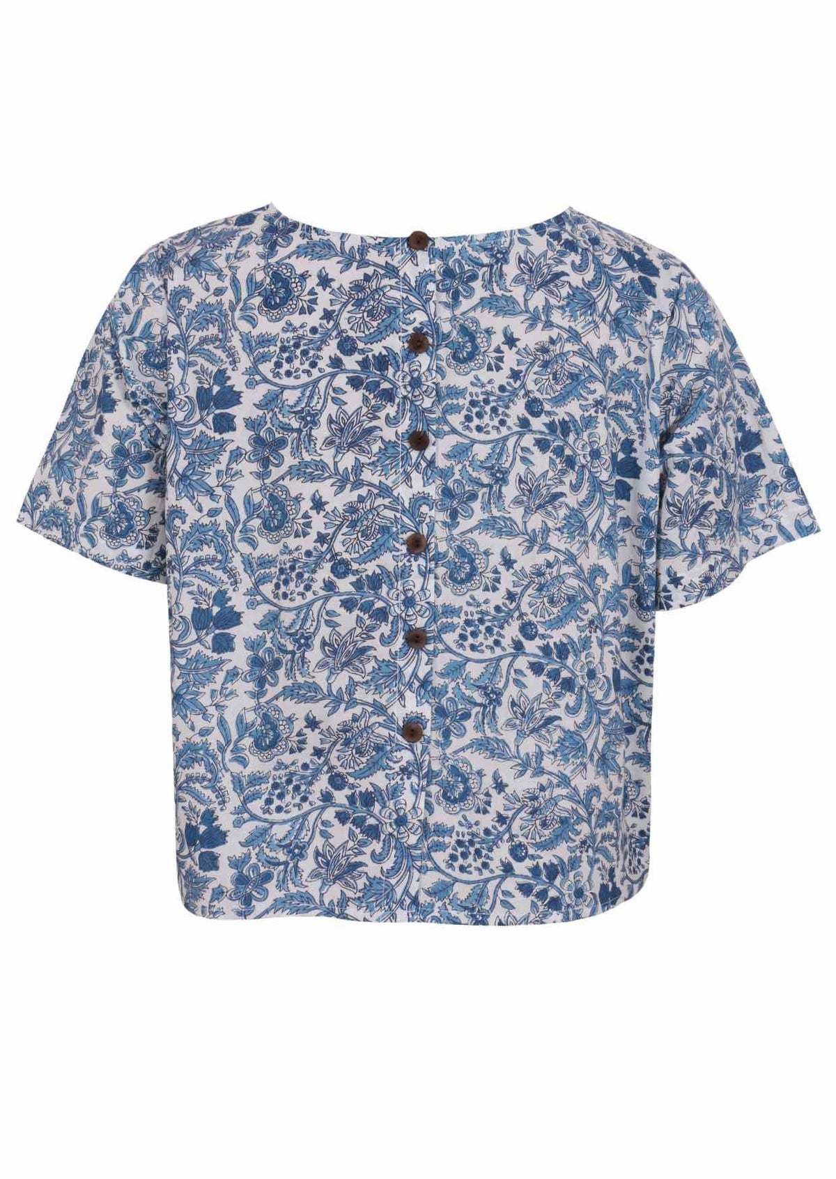 Back view of white based blue floral print cotton relaxed fit short sleeved top with decorative buttons through the centre back