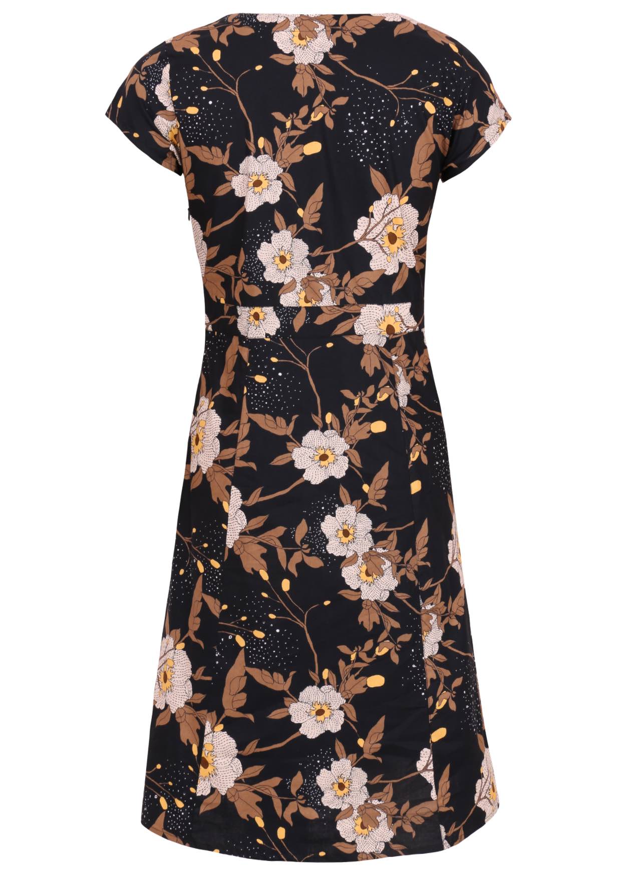 Back view of floral cotton dress with print featuring white blooms, tan foliage, and warm buttercup highlights on a black base.