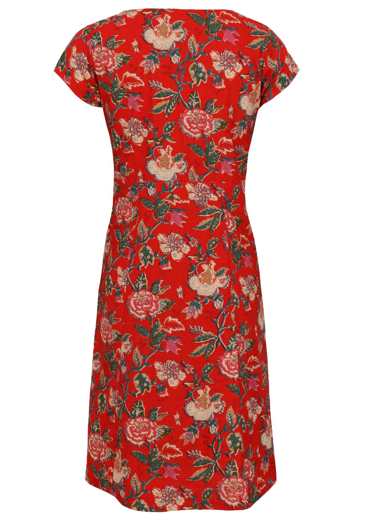 Back view of floral cotton dress with bold vine-floral print in vibrant multicolours on bright red.