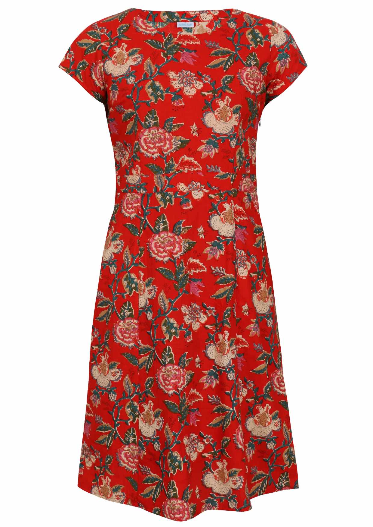 Cotton cap sleeved dress in floral print on a bright red background