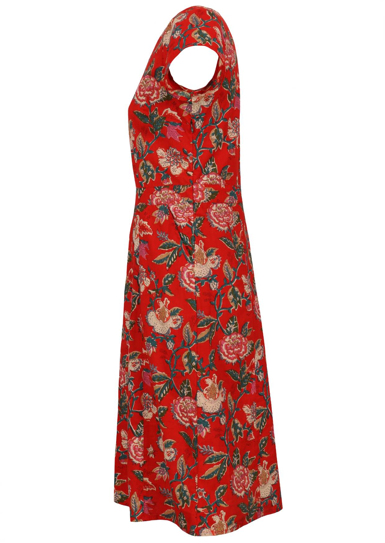 Side view of floral cotton dress with bold vine-floral print in vibrant multicolours on bright red.