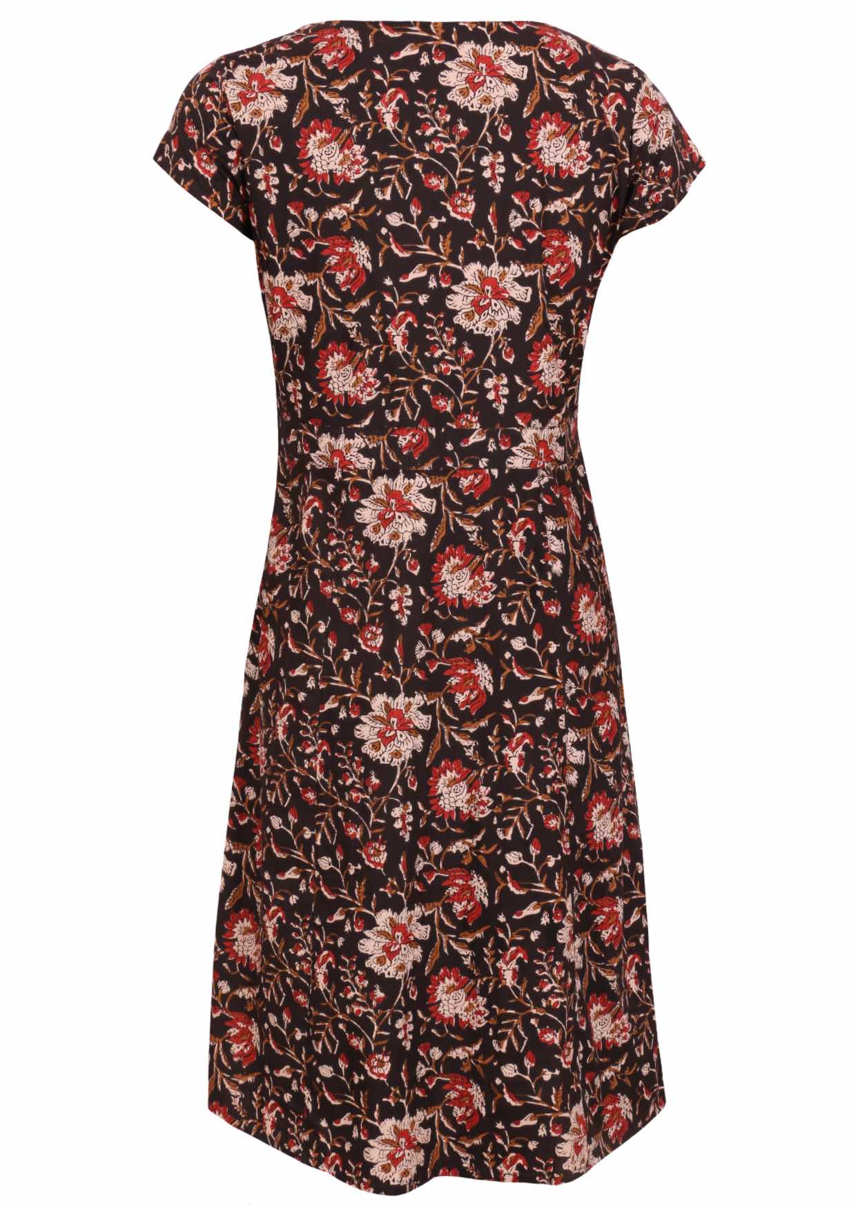 Black based traditional Indian floral print cotton dress with cap sleeves.