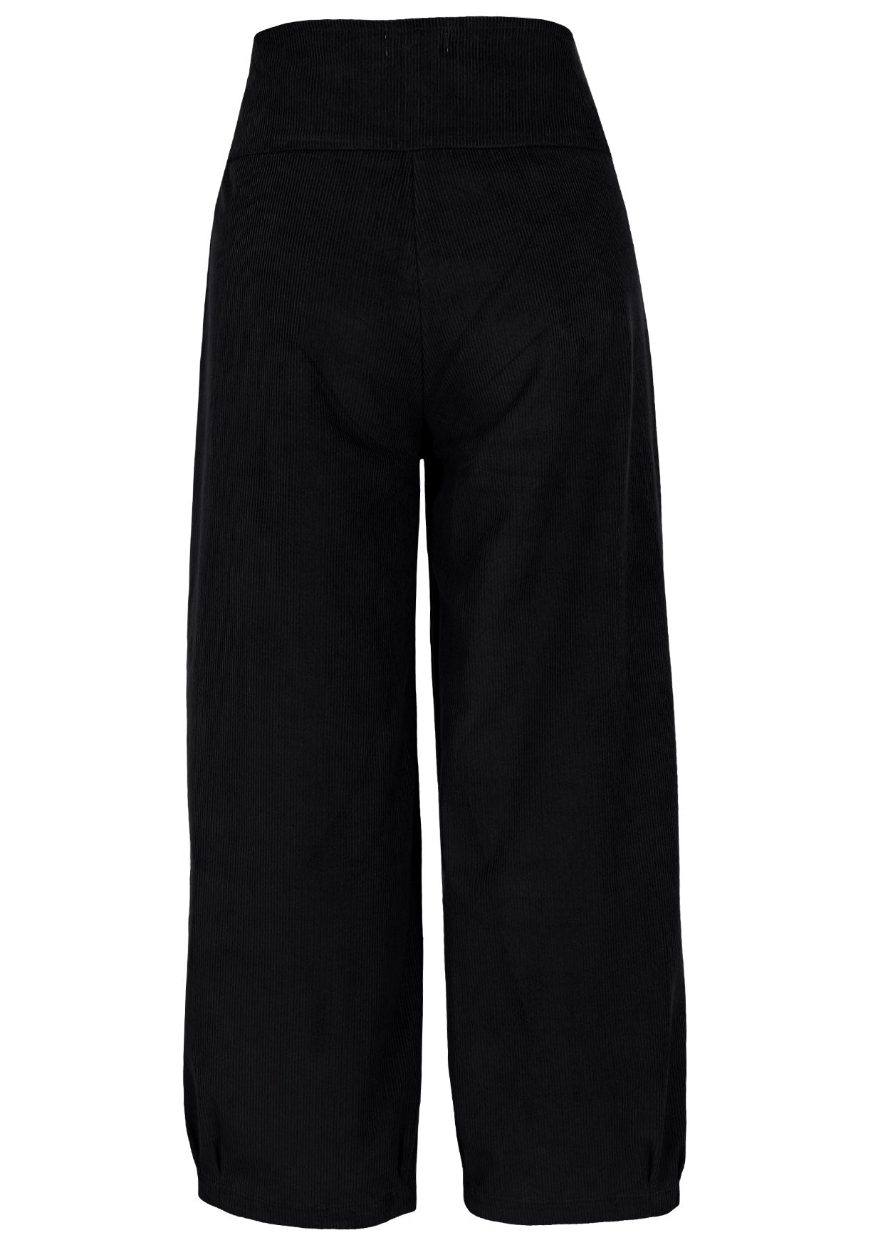Back view of black cotton corduroy wide leg pants with pleat at ankle and wide waistband