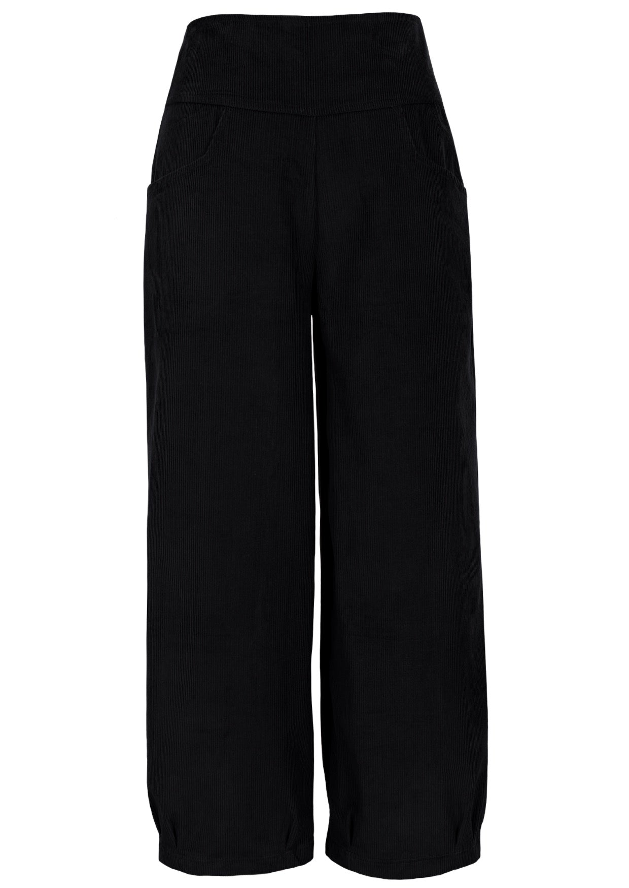 Front view of black cotton corduroy wide leg pants with pleat at ankle and pockets