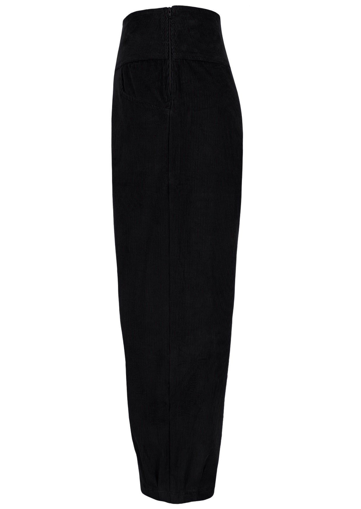 Side view of black cotton corduroy wide leg pants with pleat at ankle and side zip