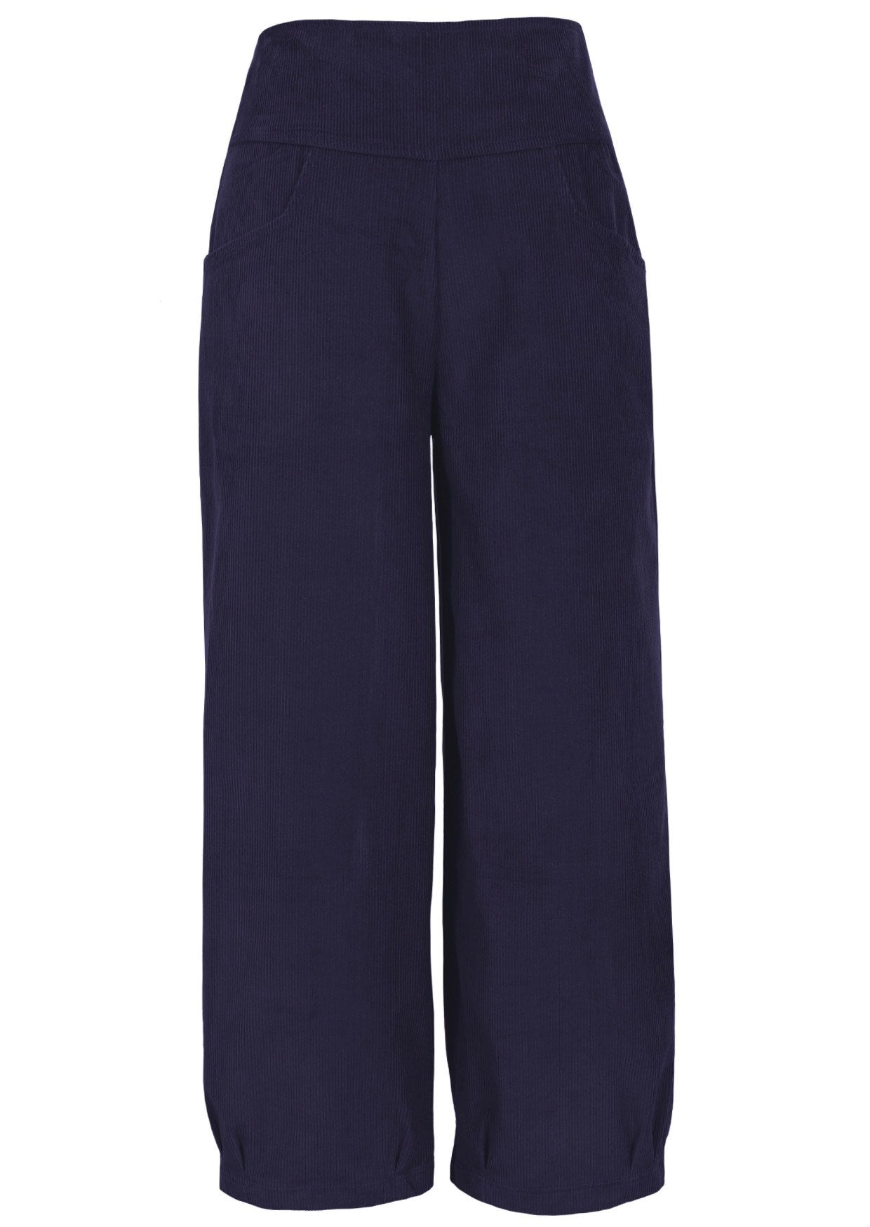 Front view of 100% cotton wide leg cotton corduroy pant in Maritime Blue with pockets.