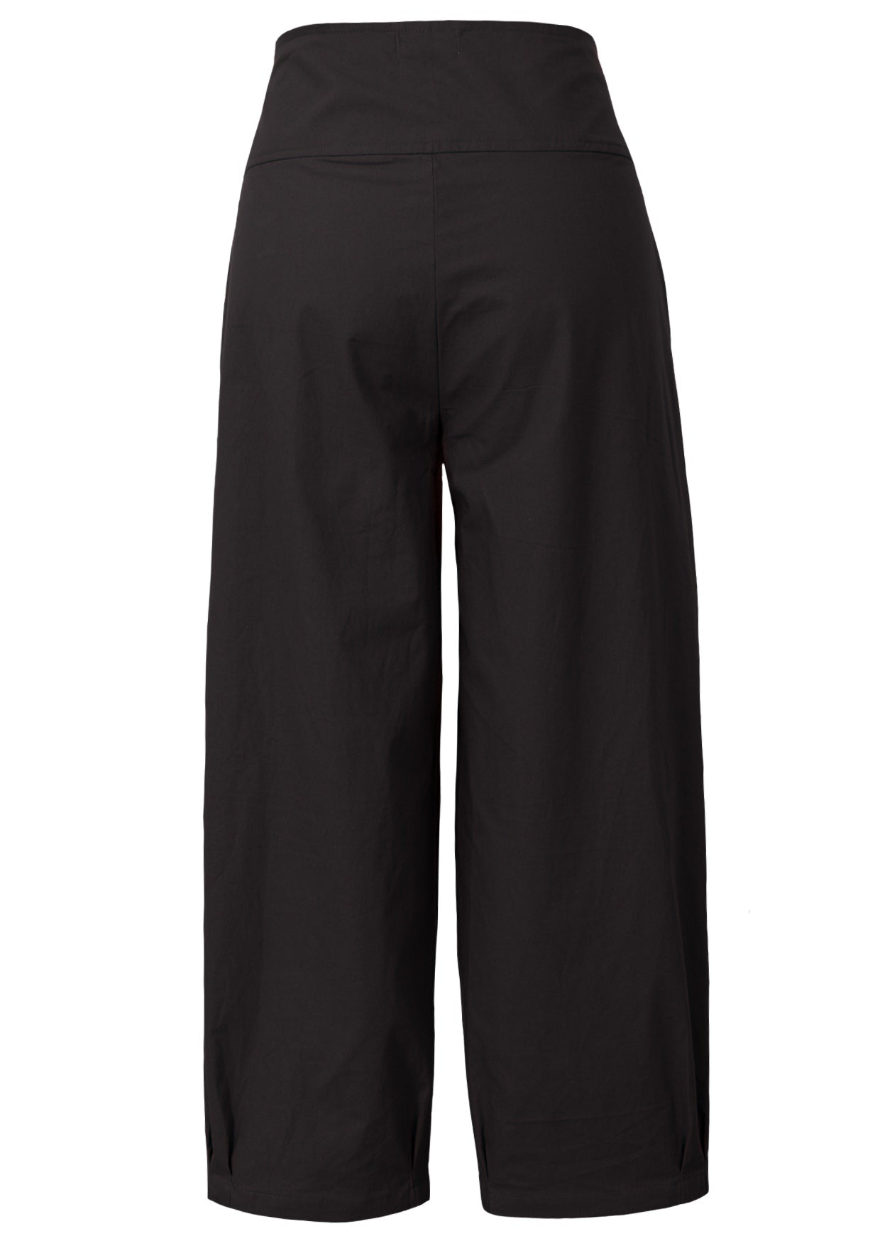 100% cotton relaxed fit pants in black with wide waistband, pockets and side zipper