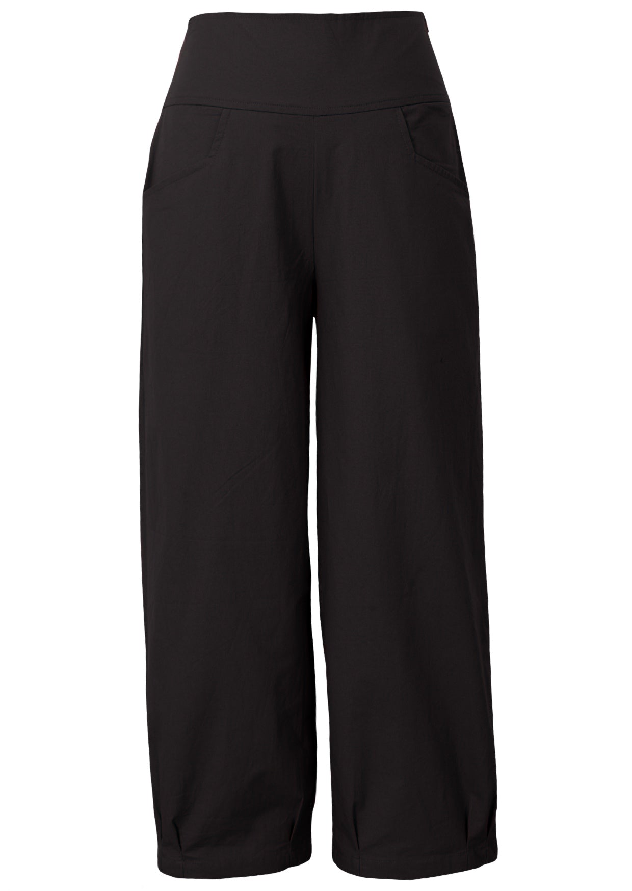 Relaxed fit black cotton pants with pockets, side zipper and wide legs that taper at pleated ankles