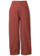 Reddish-brown wide-leg cotton pants with  pleated ankles, pockets and side zipper