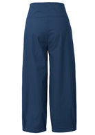 Dark blue wide leg cotton pants with pleated ankles, pockets and side zipper