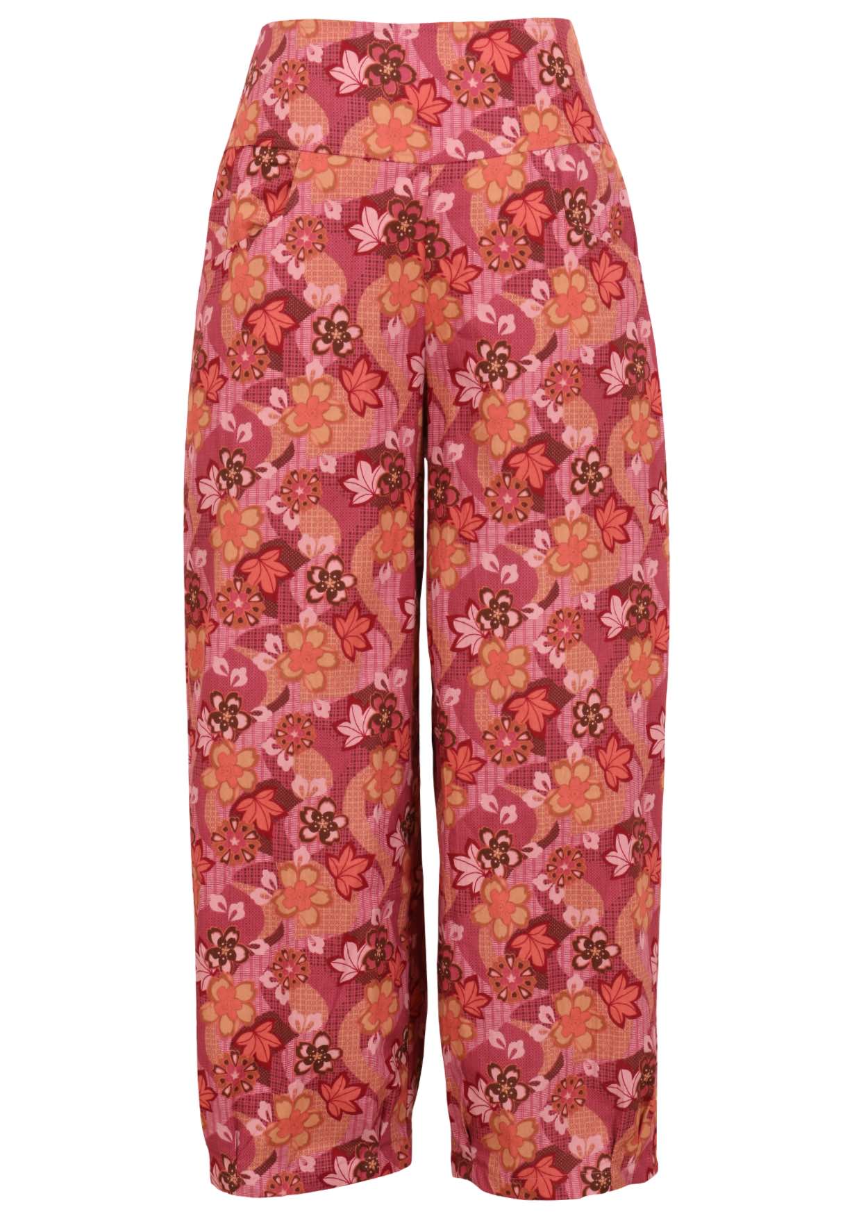 Wide leg cotton pant with Japanese-style print in pink, maroon, brown, peach, and khaki tones.