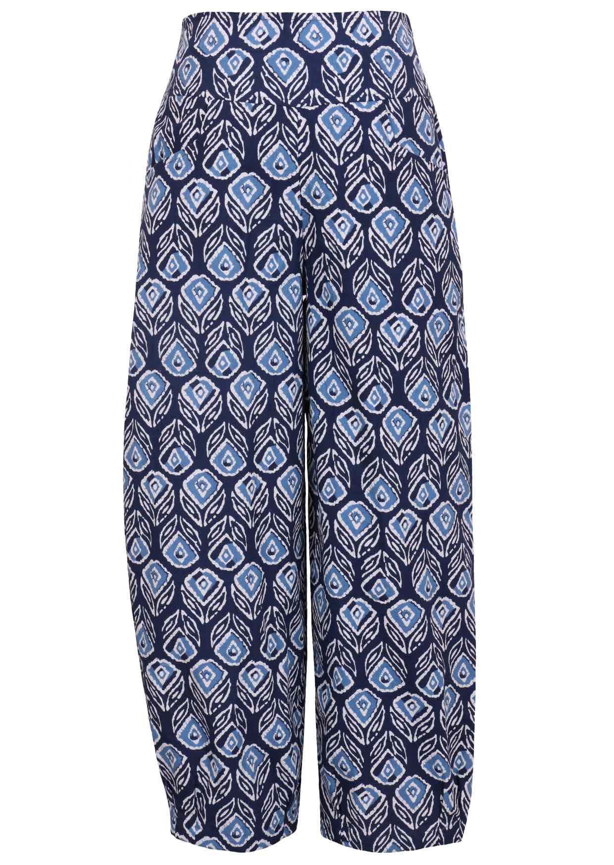 Front view of 100% cotton wide leg cotton pant with navy blue based print