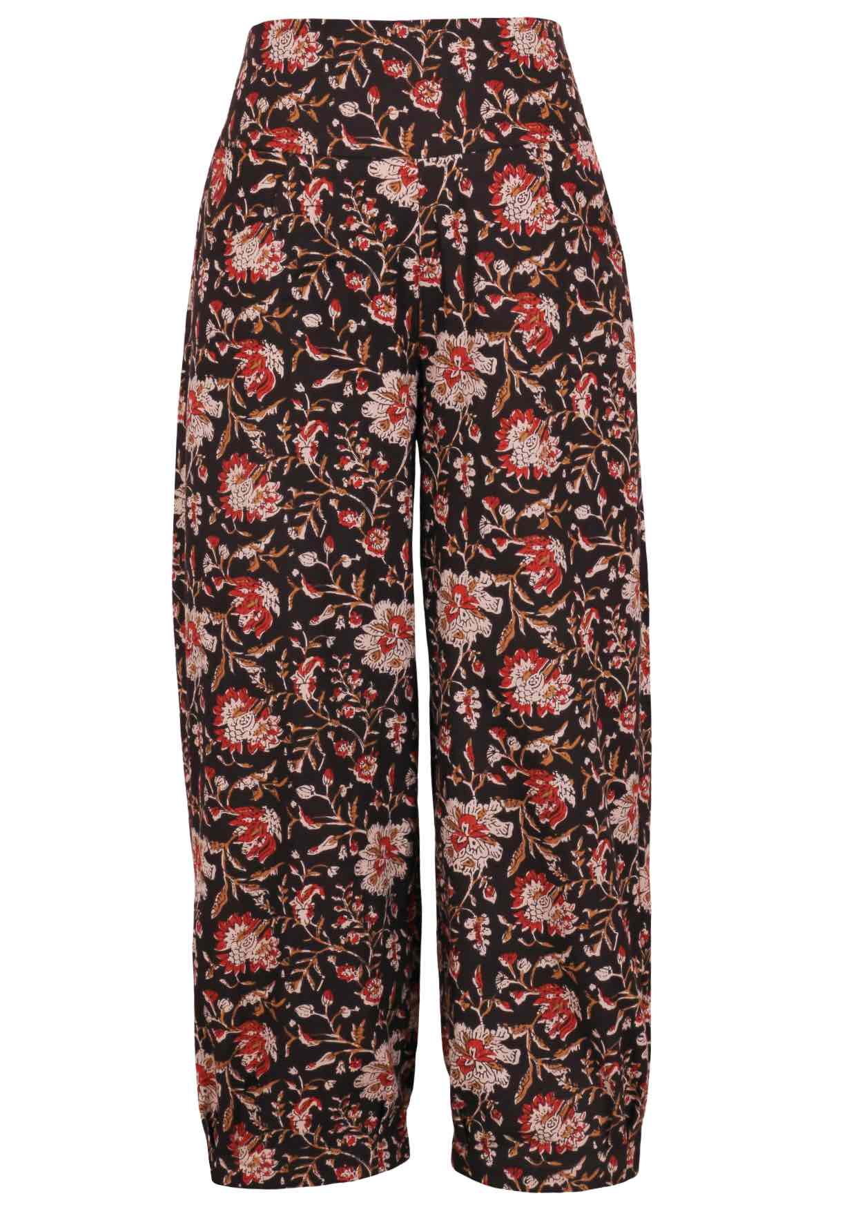 Front view of 100% cotton wide leg cotton pant with black based floral print