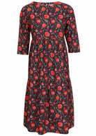 100% cotton maxi dress with 3/4 sleeves, round neckline and pockets front view