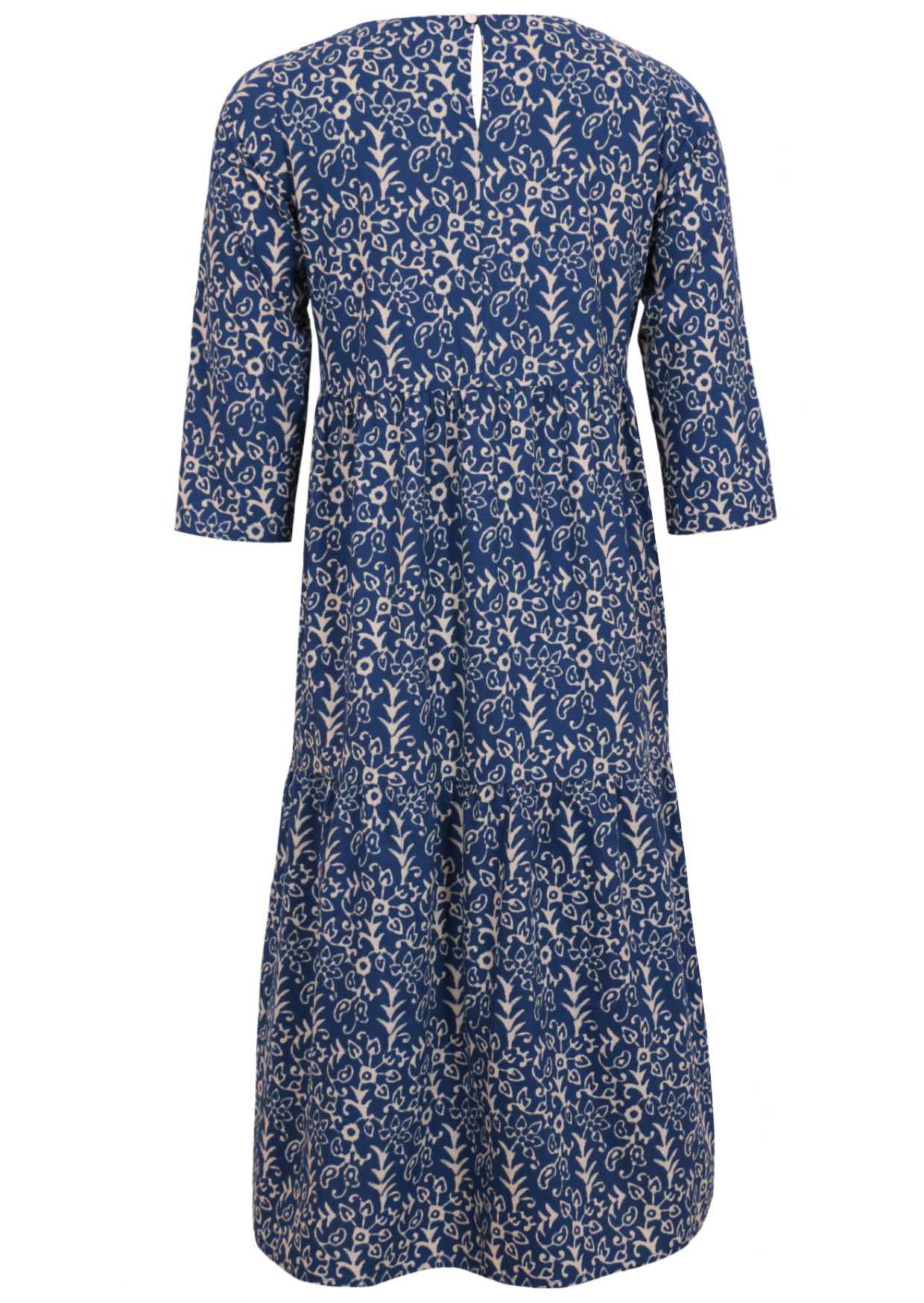 100% cotton maxi dress with blue base, button back closure and 3/4 sleeves.