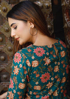 Beautiful floral print on dark green base, dress with keyhole button back closure.