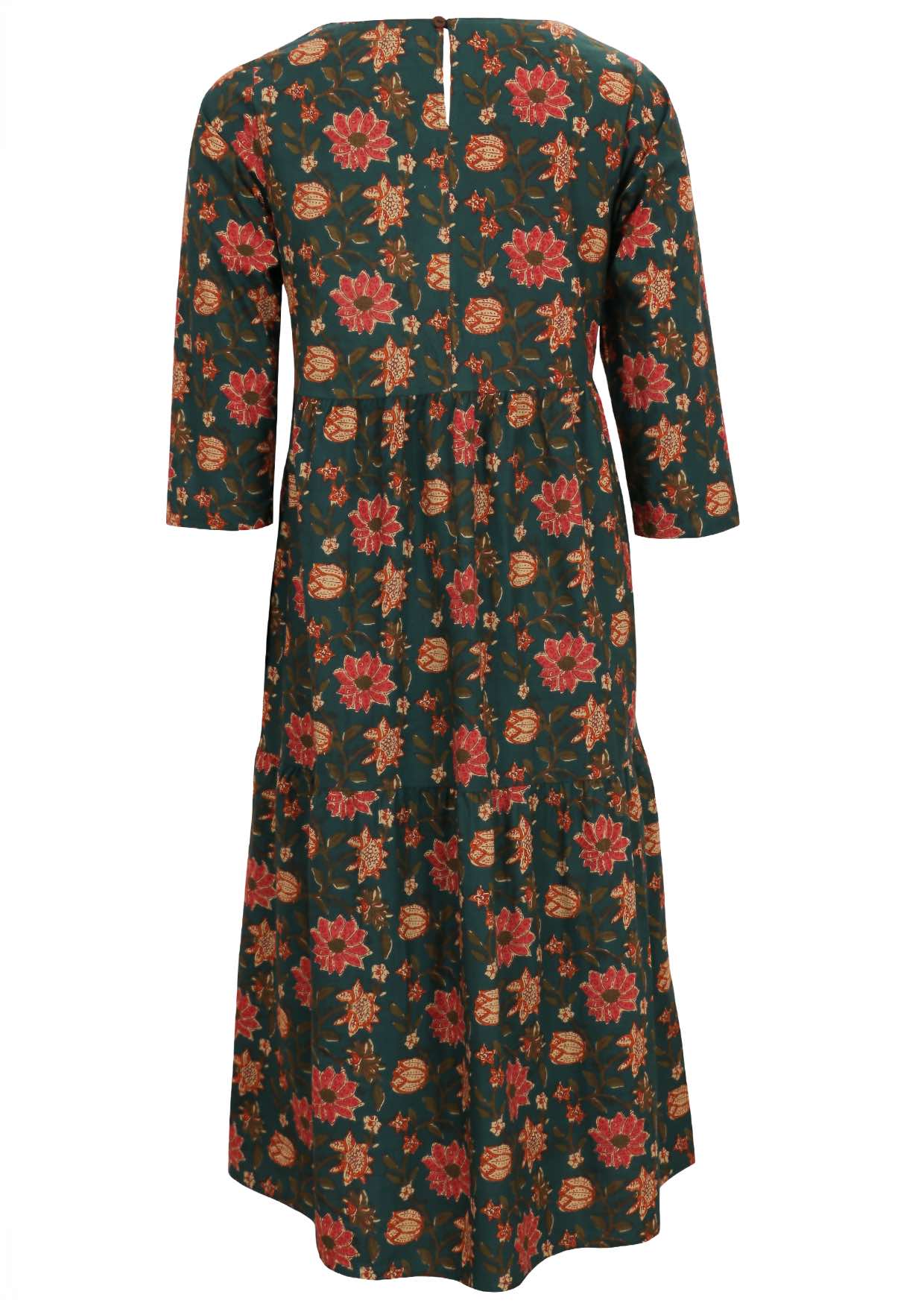 Back view of 100% cotton tiered maxi dress with 3/4 sleeves, pockets and button at nape of neck .