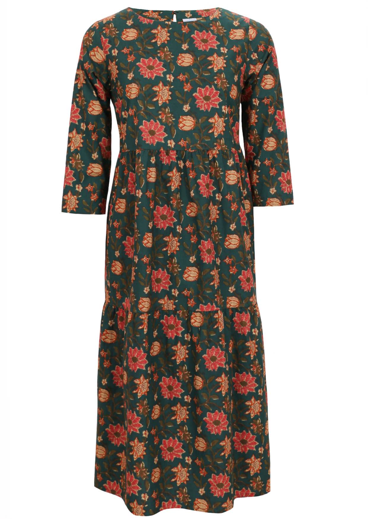 100% cotton, 3 tiered maxi dress with 3/4 sleeves, round neckline and pockets.