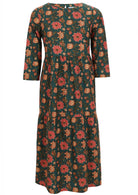 100% cotton, 3 tiered maxi dress with 3/4 sleeves, round neckline and pockets.