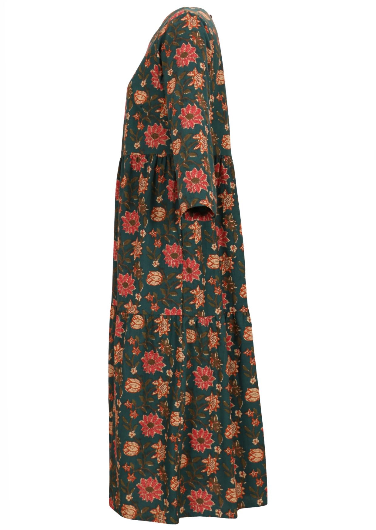 Side view of 3/4 sleeves cotton maxi dress with pockets in deep green based floral print.