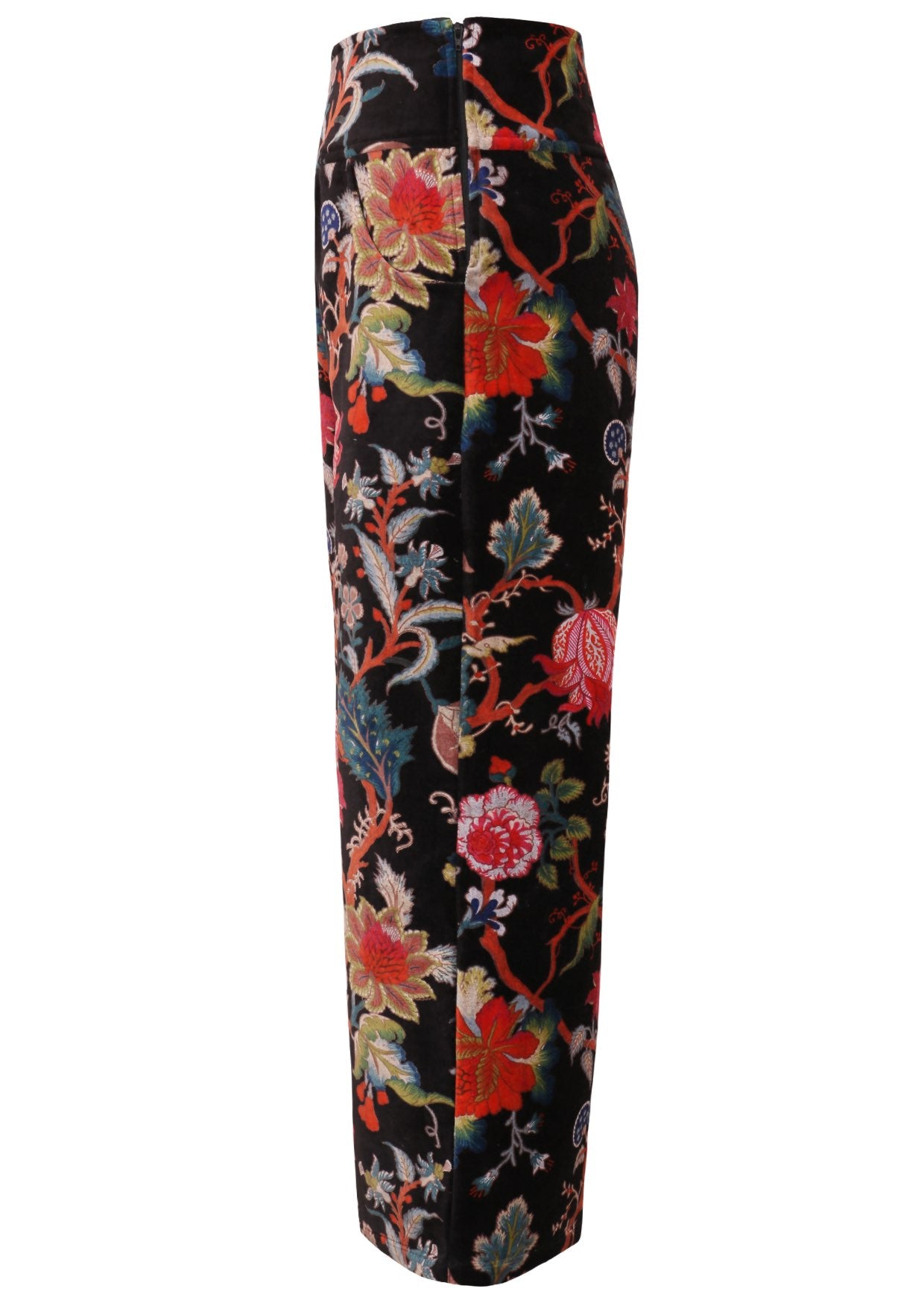 Side view of black based multi-colour floral velvet wide leg full length pants with pockets and a side zip