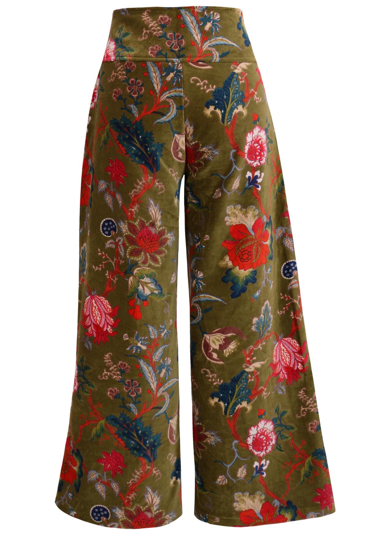 Back view of moss green based multi-colour floral velvet wide leg full length pants with a wide waistband
