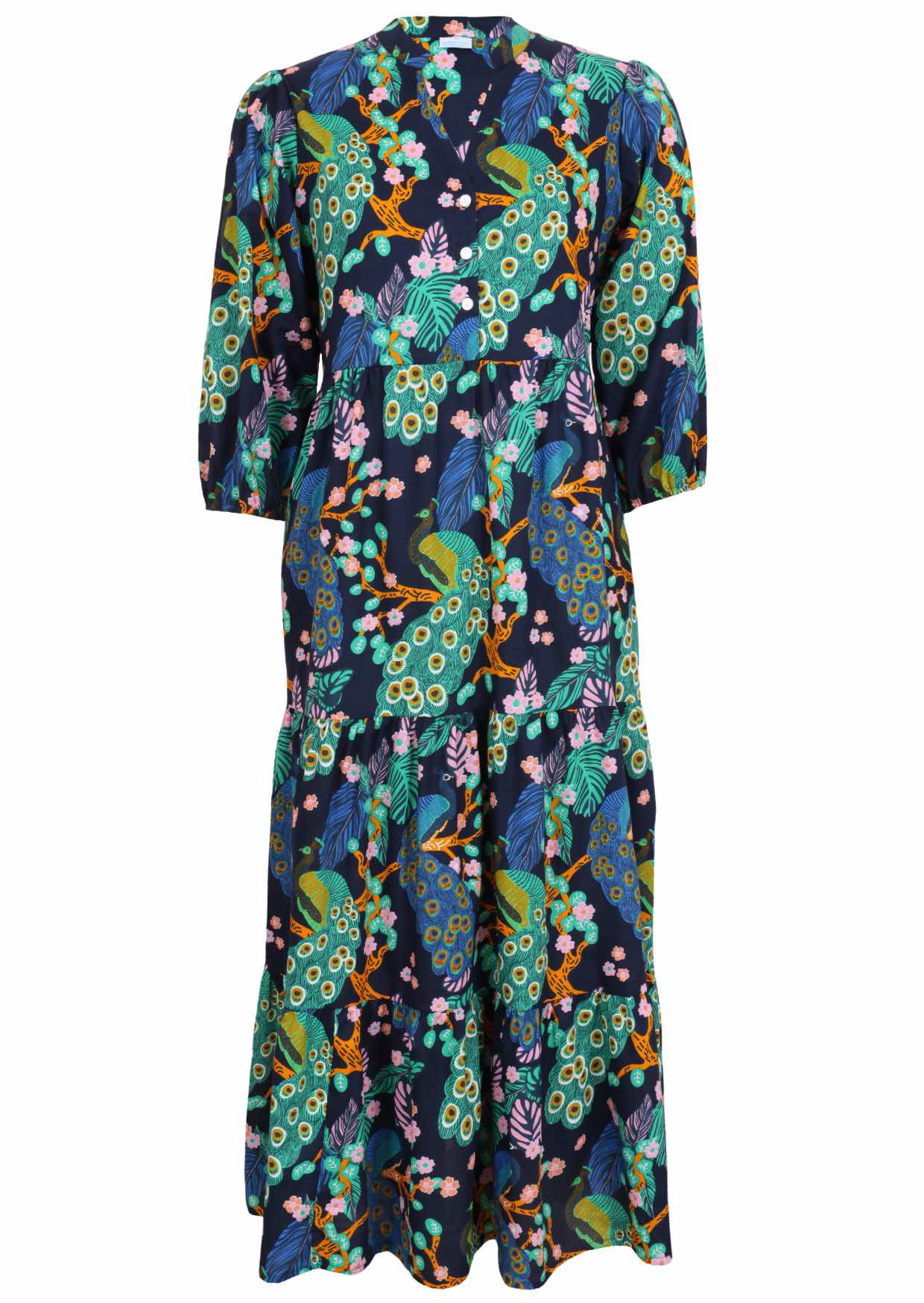100% cotton, navy blue based tiered maxi dress with buttoned bodice and mandarin collar