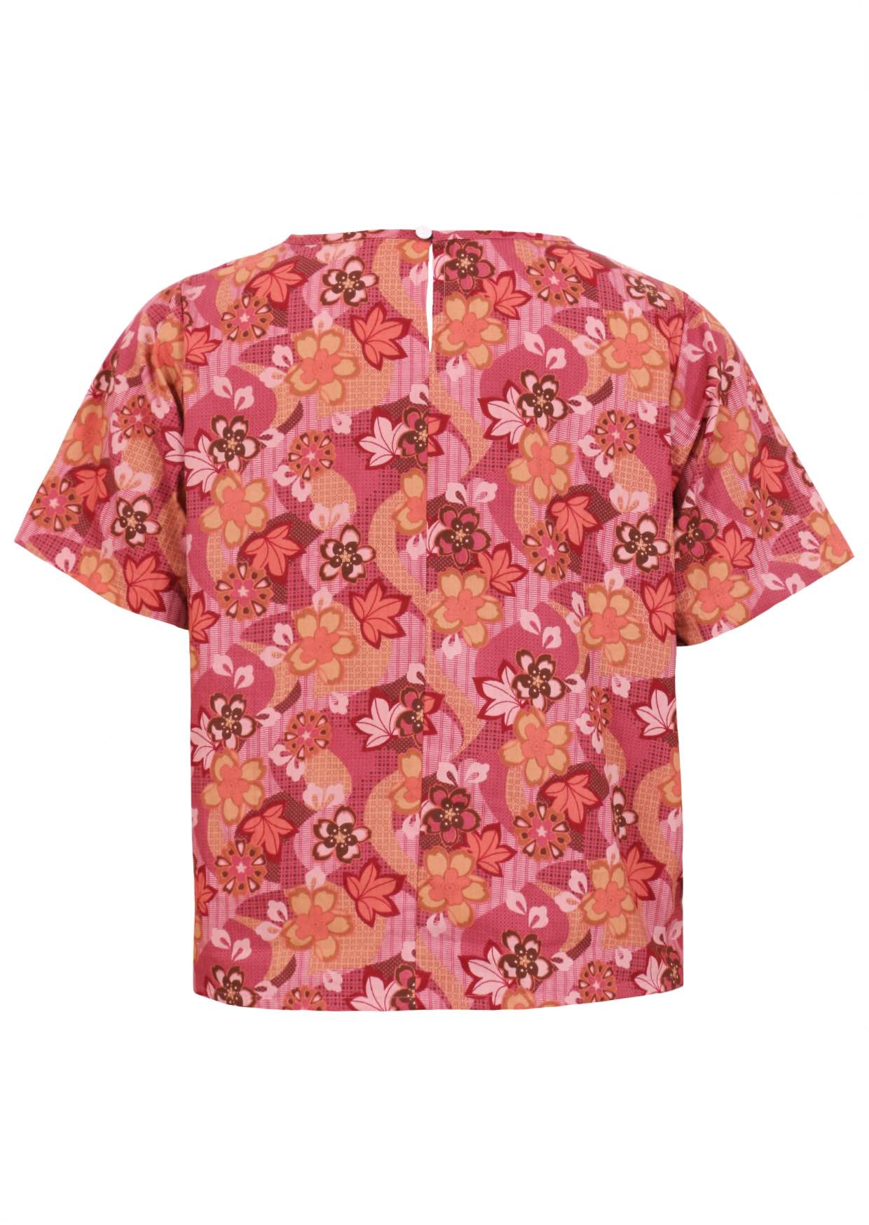 Japanese-style print cotton top in pink, maroon, brown, peach, and khaki tones with button at the nape of neck.