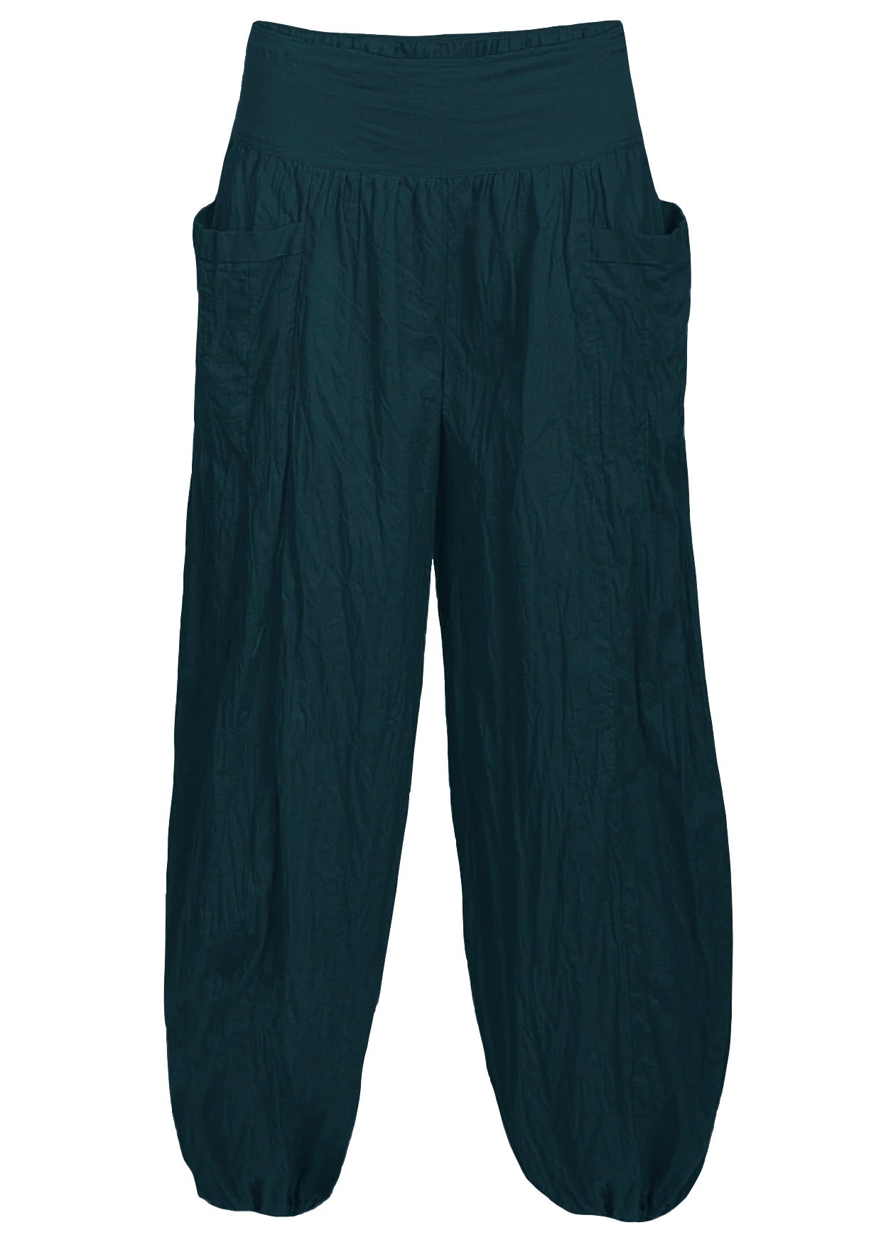 Deep teal loose fit 100% cotton pants with wide flat front waistband and pockets