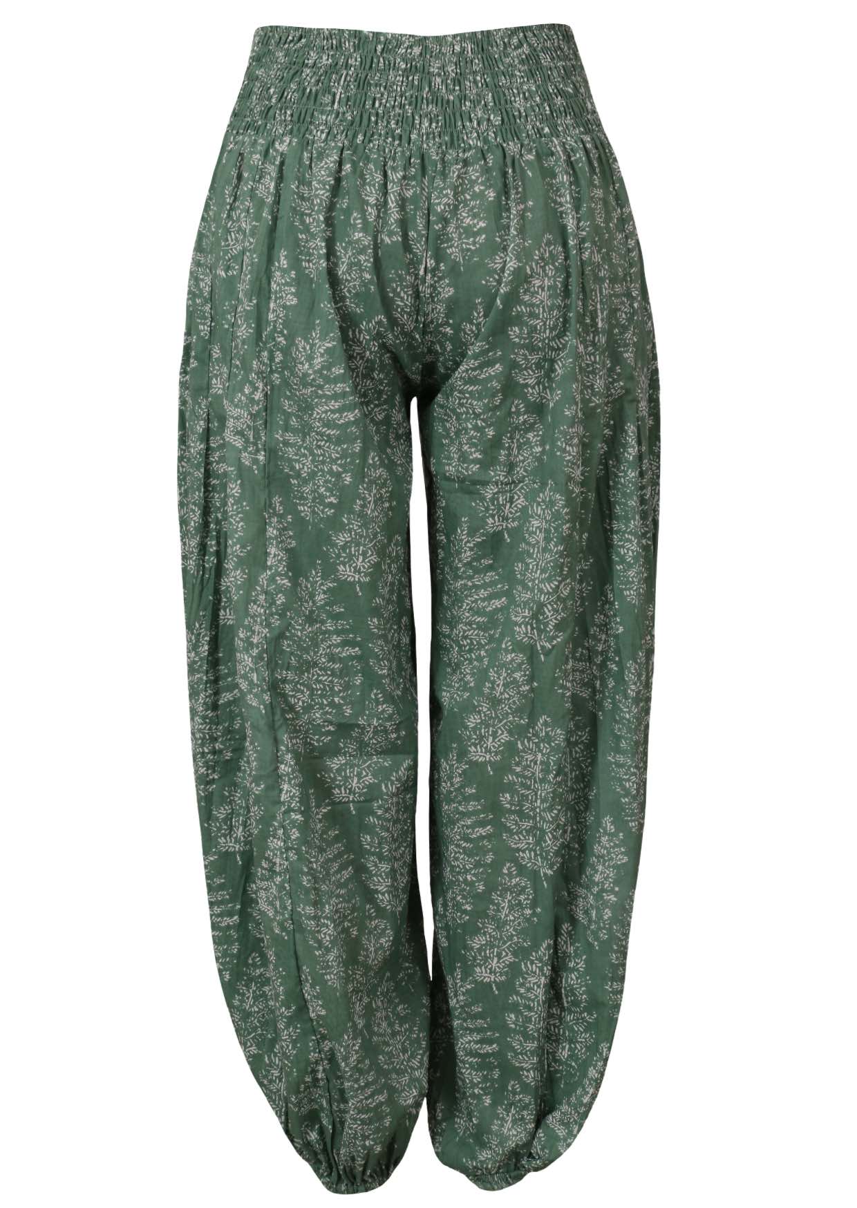 Sage green based floral print harem cotton pants with buttoned ankles.