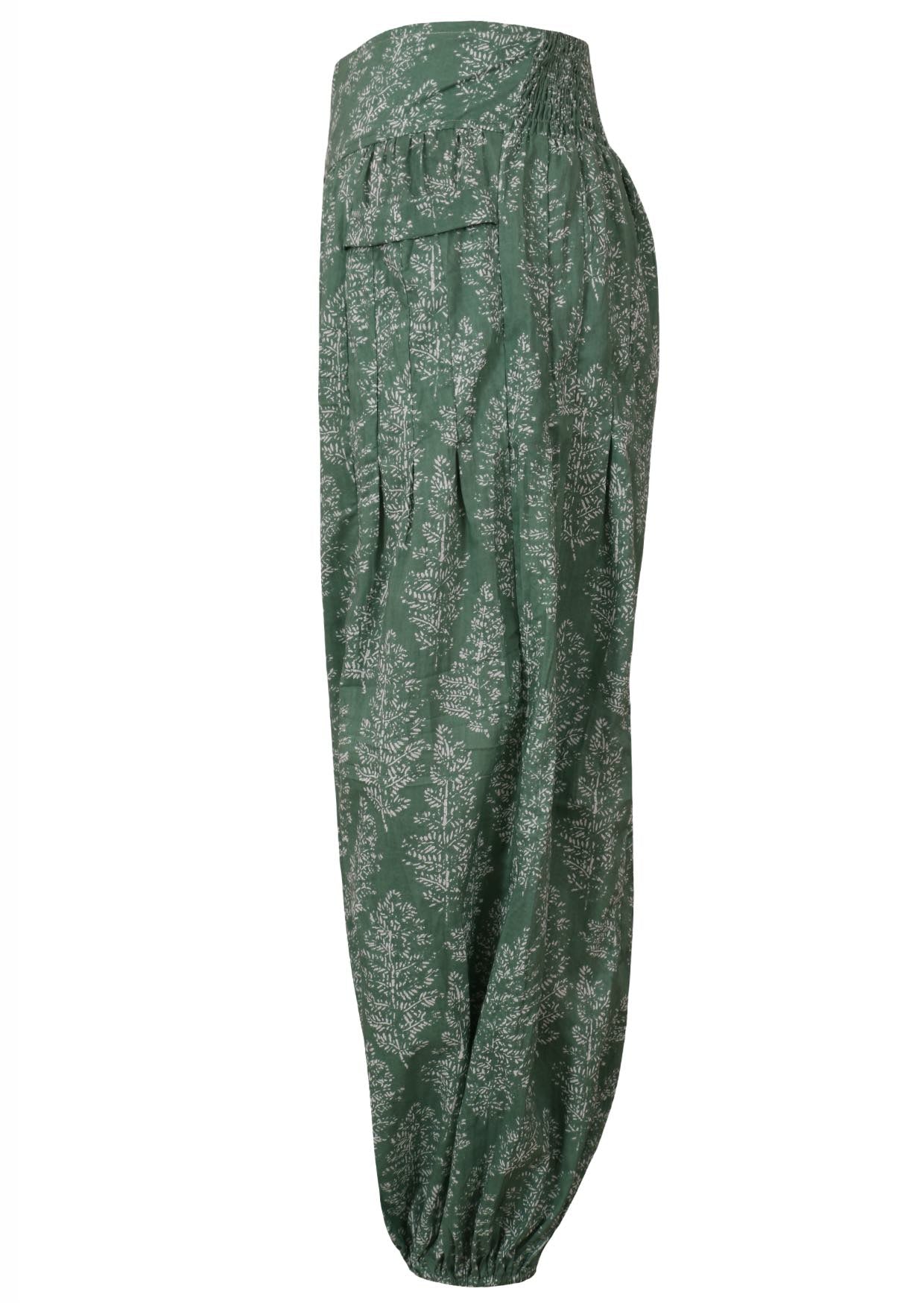 Sage green based floral print cotton harem pants with elasticated back waistband.