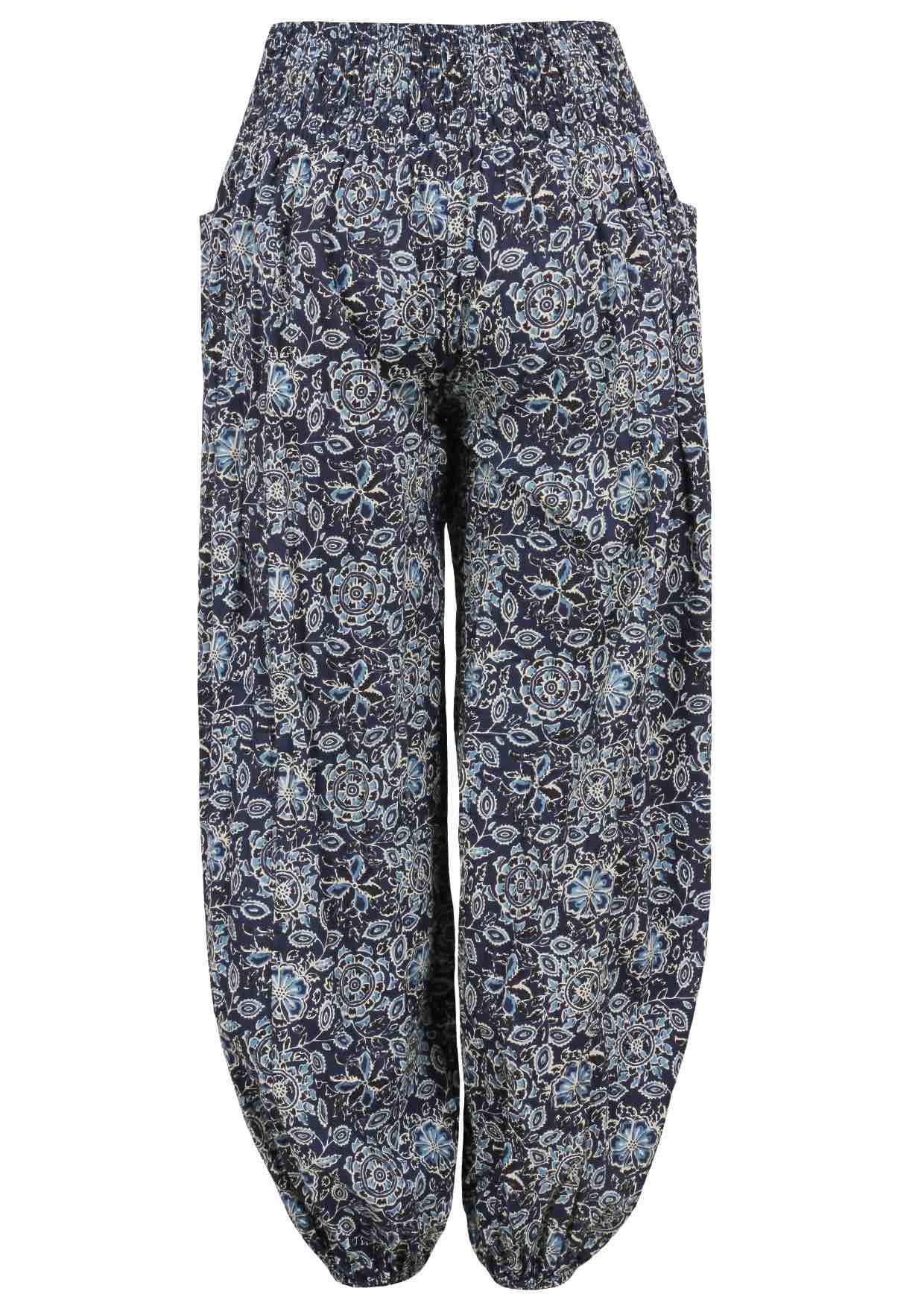 Navy blue based floral print harem cotton pants with buttoned ankles.