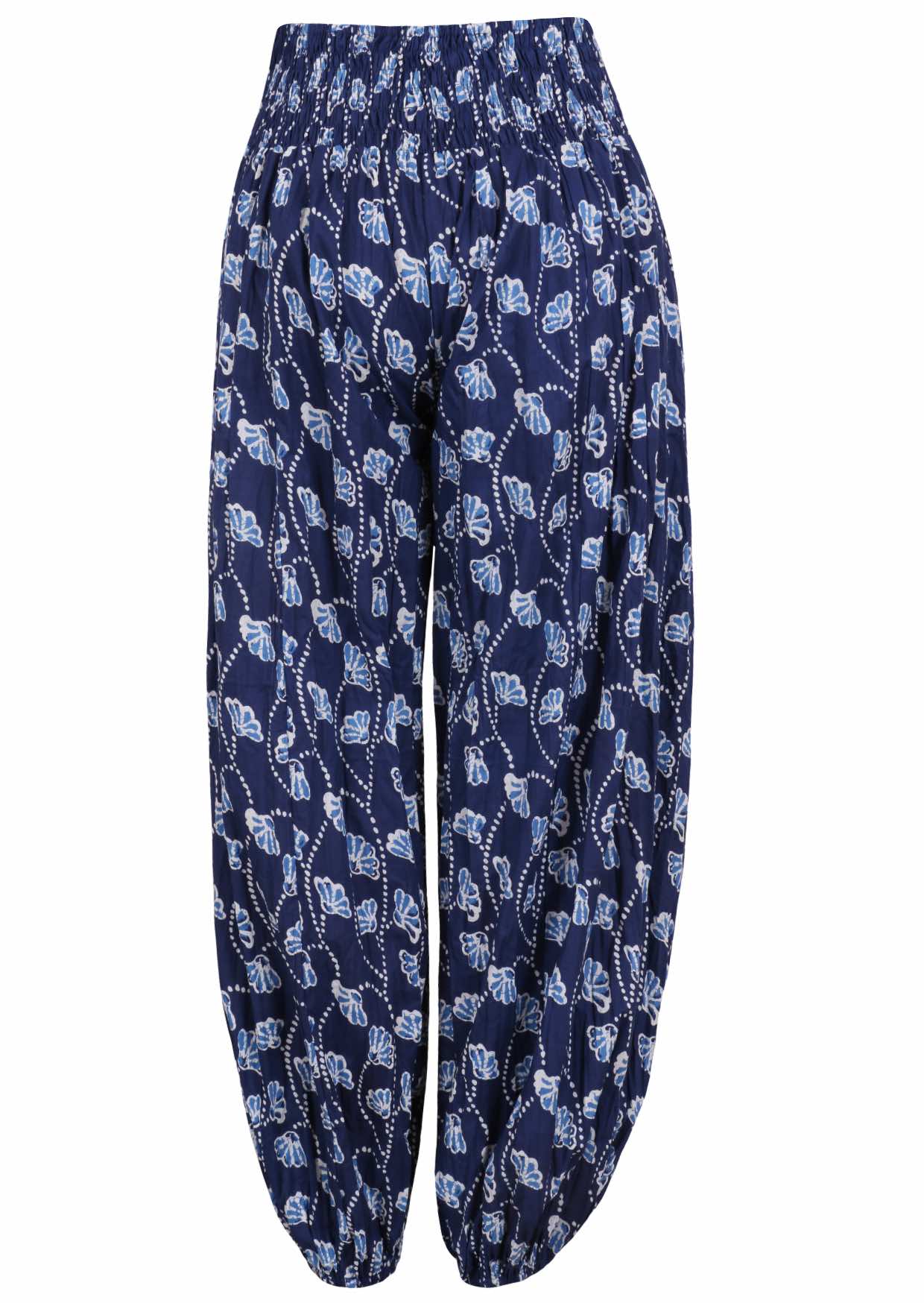Navy blue based floral print harem cotton pants with buttoned ankles.