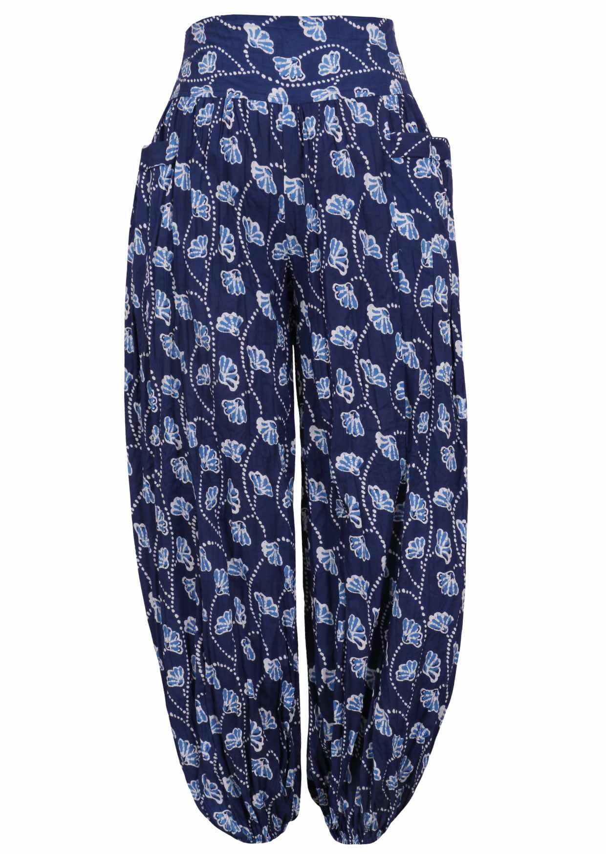 Navy blue based floral print cotton harem pants with buttoned ankles with pockets.