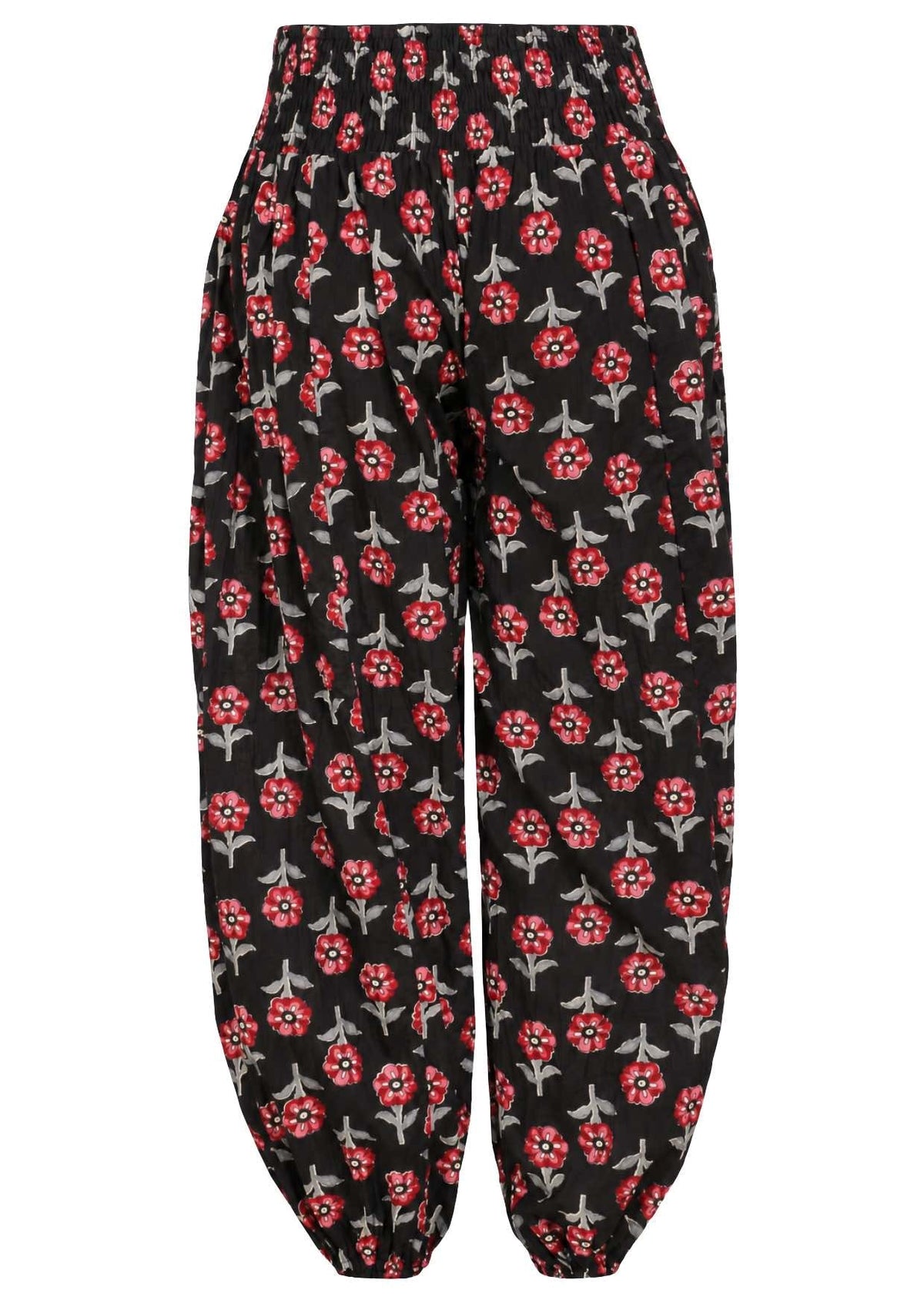 Black based floral print harem cotton pants with buttoned ankles.