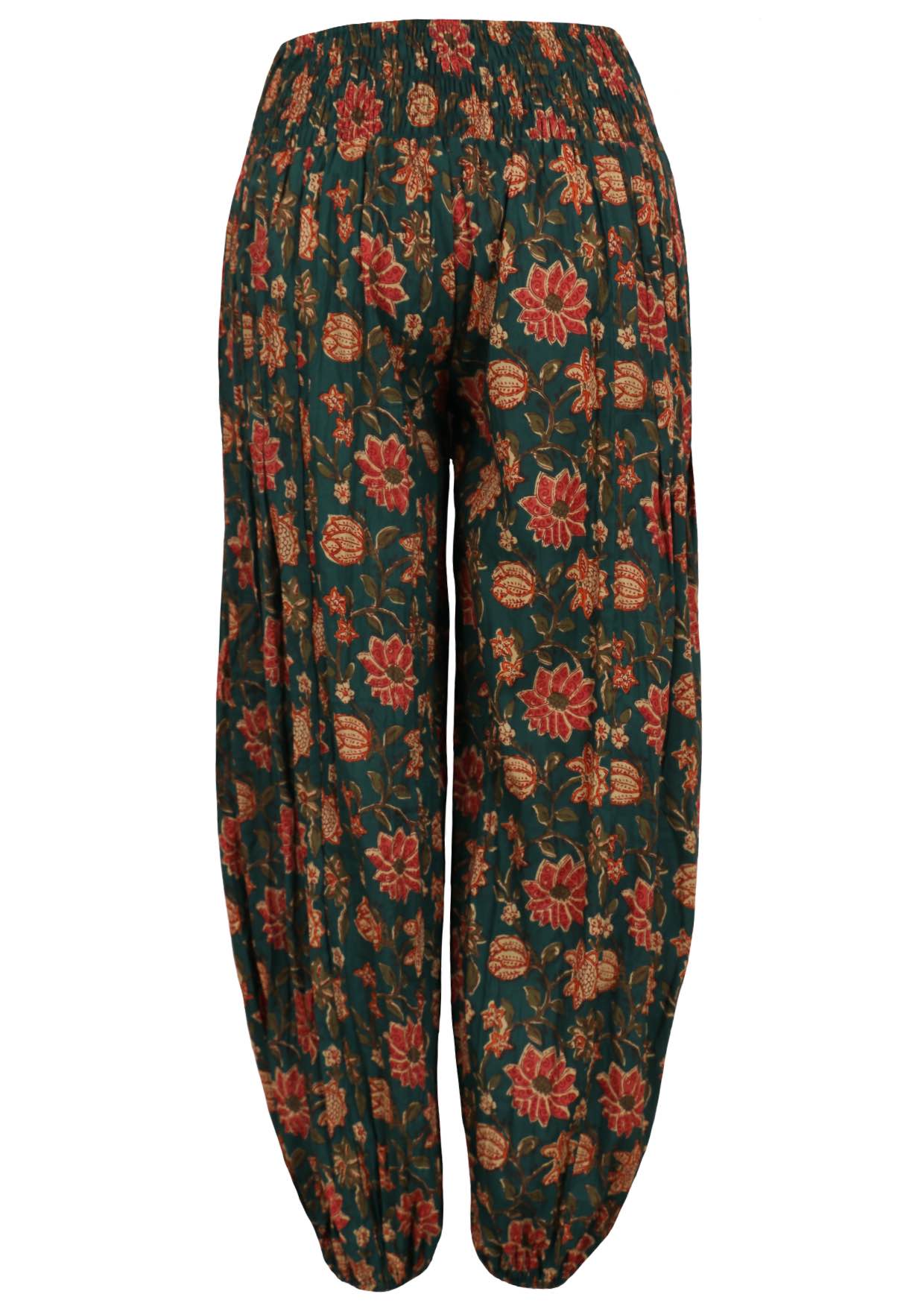 Lightweight cotton harem pants with elastic waistband and deep pockets in dark green vanya print.