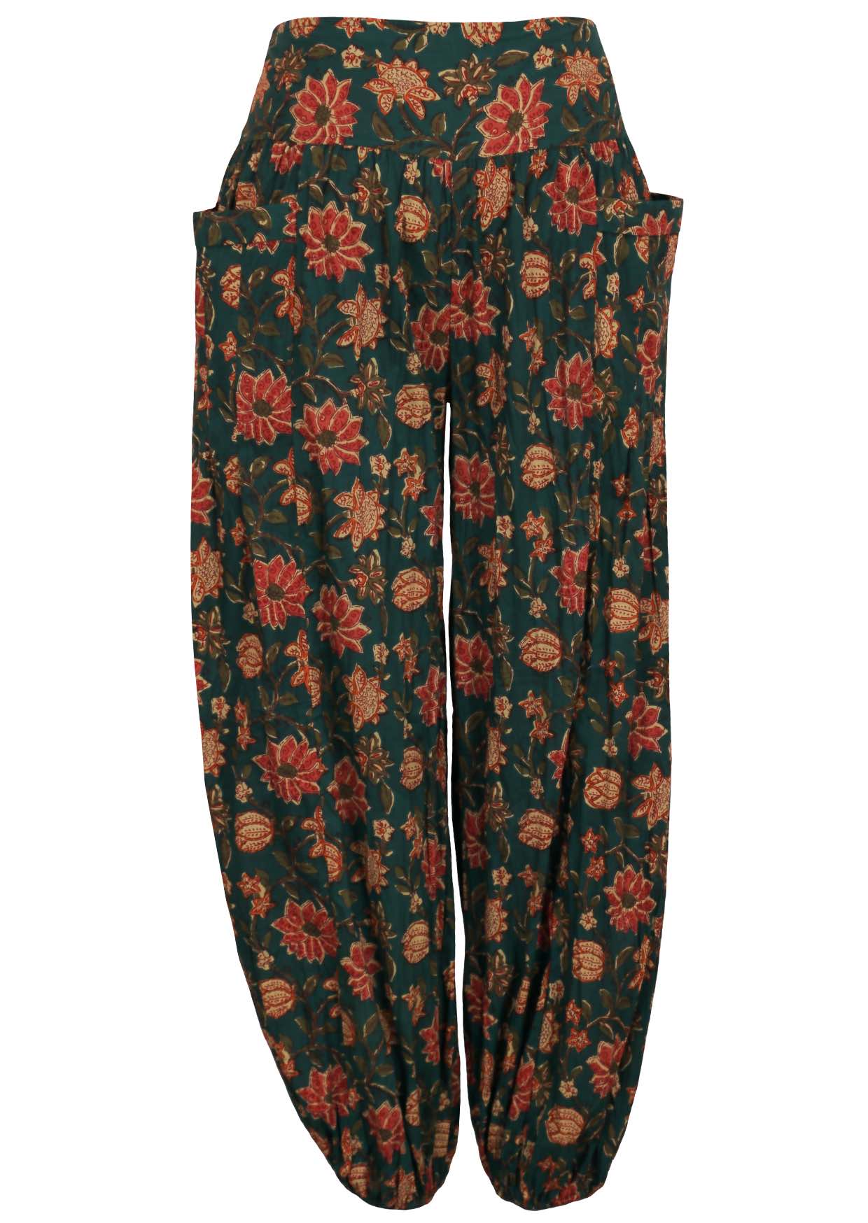 Cotton harem pants with elasticated ankle and deep pockets in dark green based floral print.