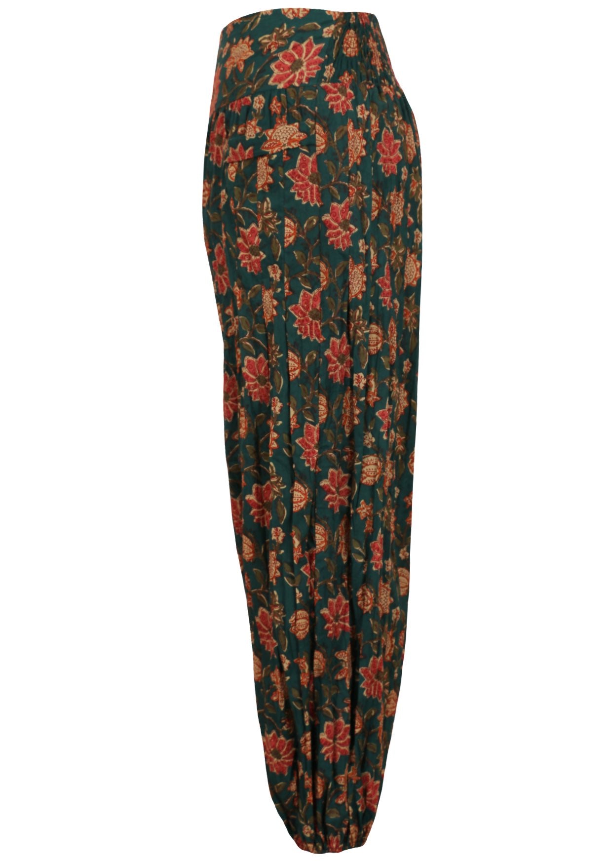 Side image of 100% cotton crinkled pants with elasticated waist and ankles in bright floral print.