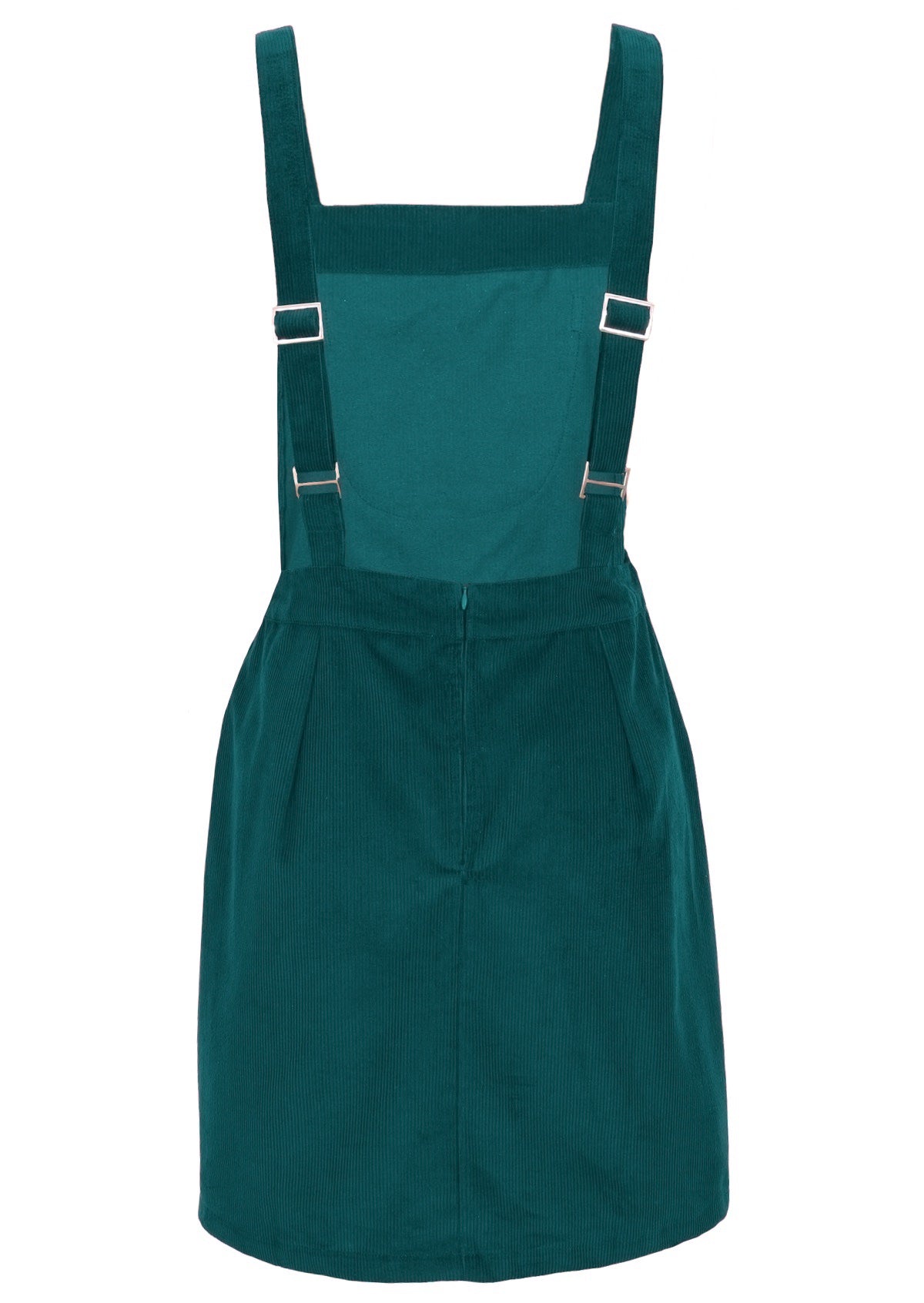 Cotton teal pinafore has a slight a-line skirt.